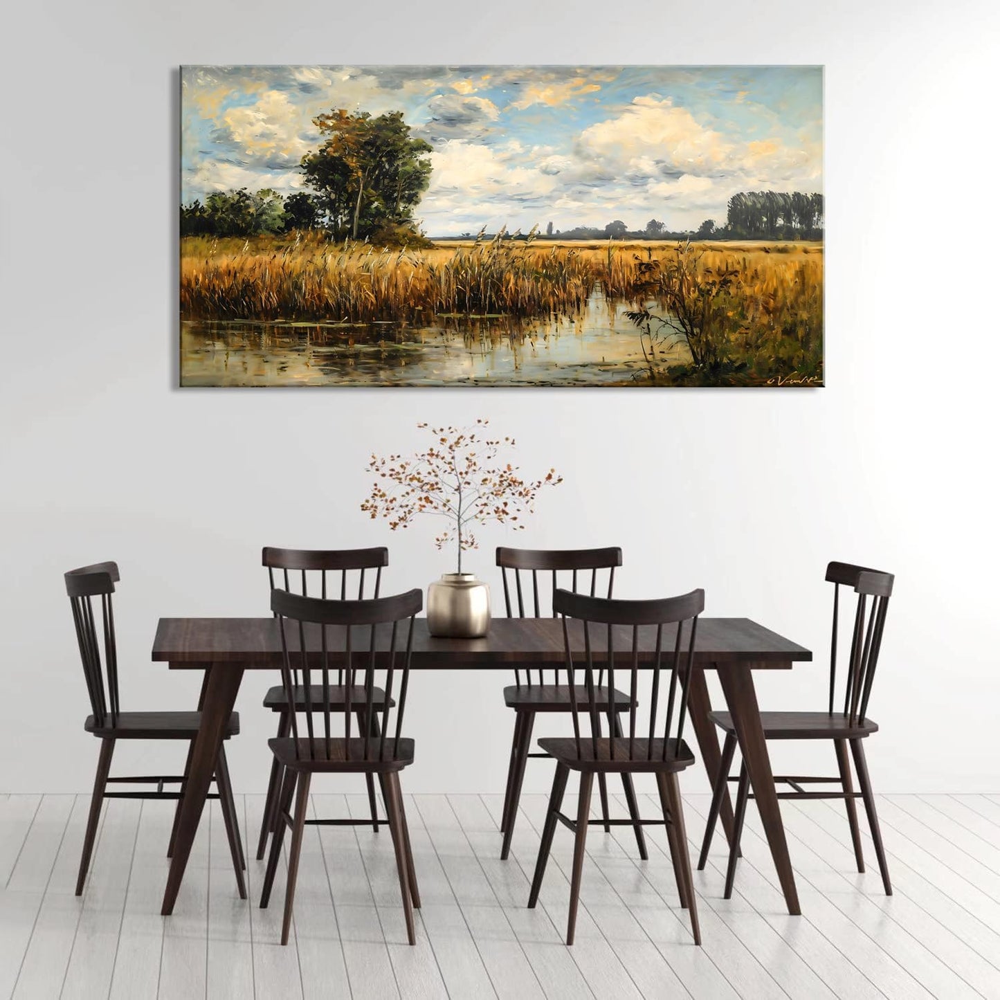 LASMOND Beautiful Wilderness Meadow Canvas Wall Art Oil Painting Reproduction Print Vintage Wildflower Field Scenery Countryside Landscape Tree Rustic Retro Decor Artwork Country Farmhouse Living Room 58x28 Inches