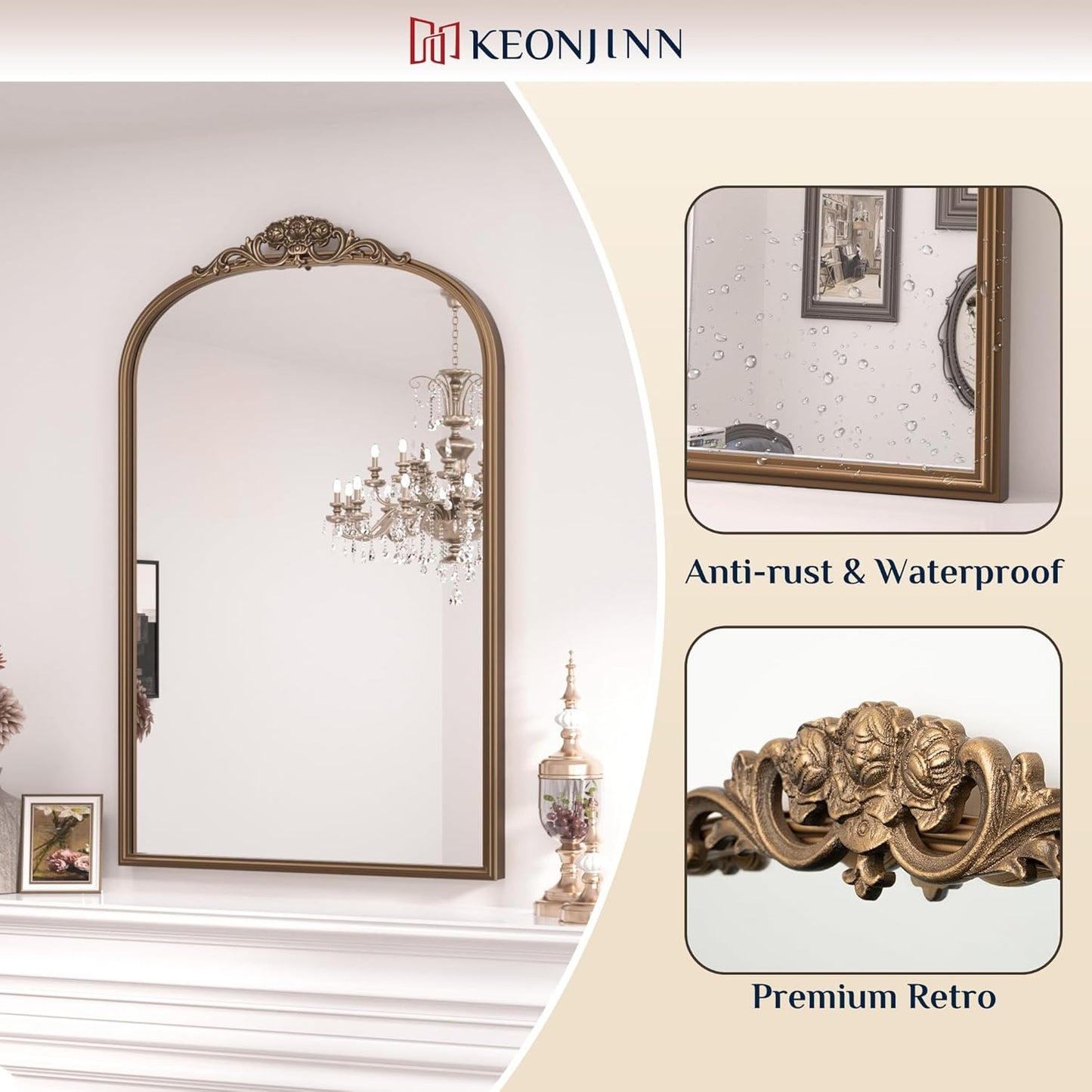 Keonjinn Arched Gold Wall Mirror, 48" x 22" Vintage Wall Mirror with Metal Frame, Traditional Brass Mirror, Decorative Baroque Mirror for Hallway, Fireplace, French Cleat Mounting