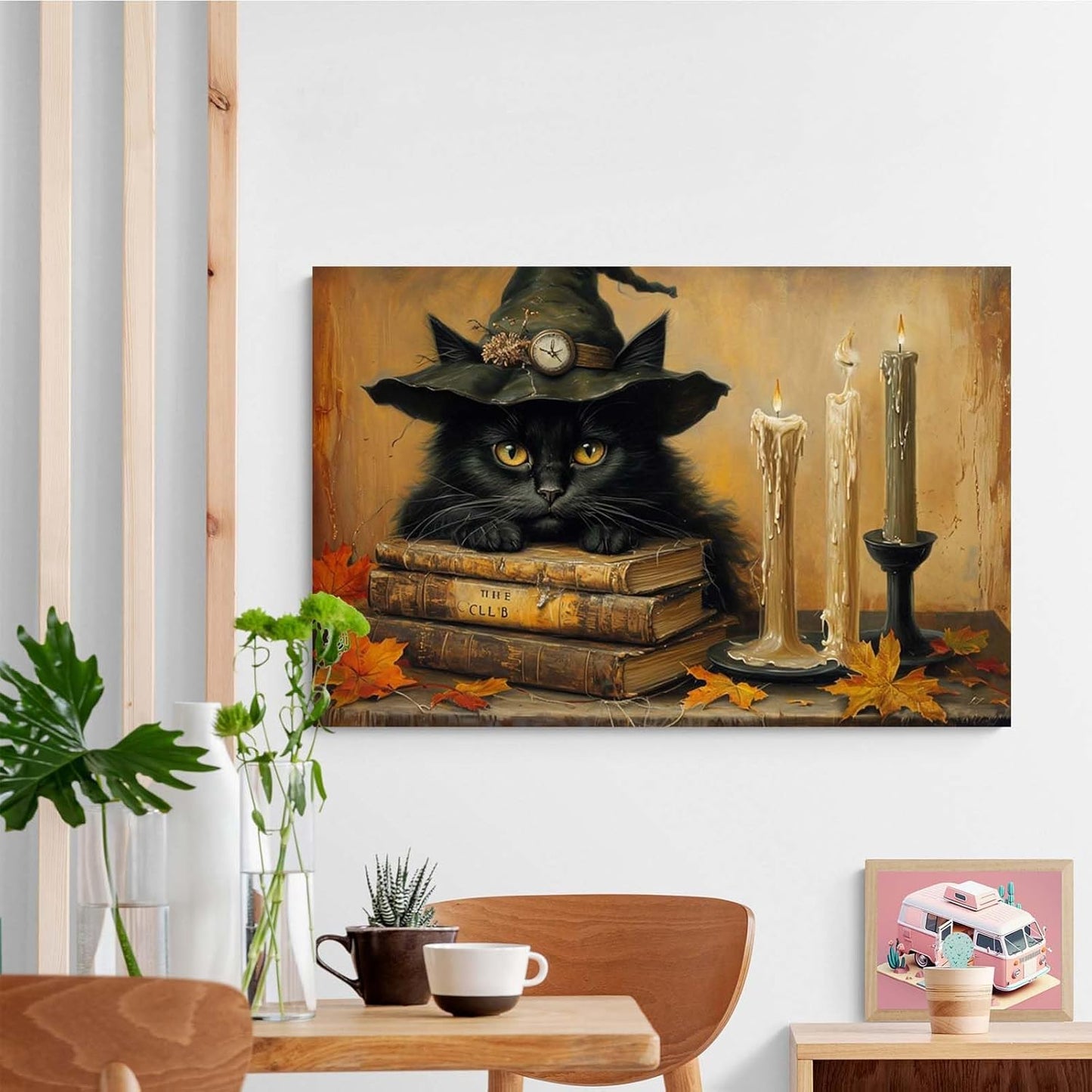JFHCQJPK Vintage Halloween wall decoration black cat and magic book suitable for home bedroom living room decoration dark classic art witch wall decoration20x30in Frameless