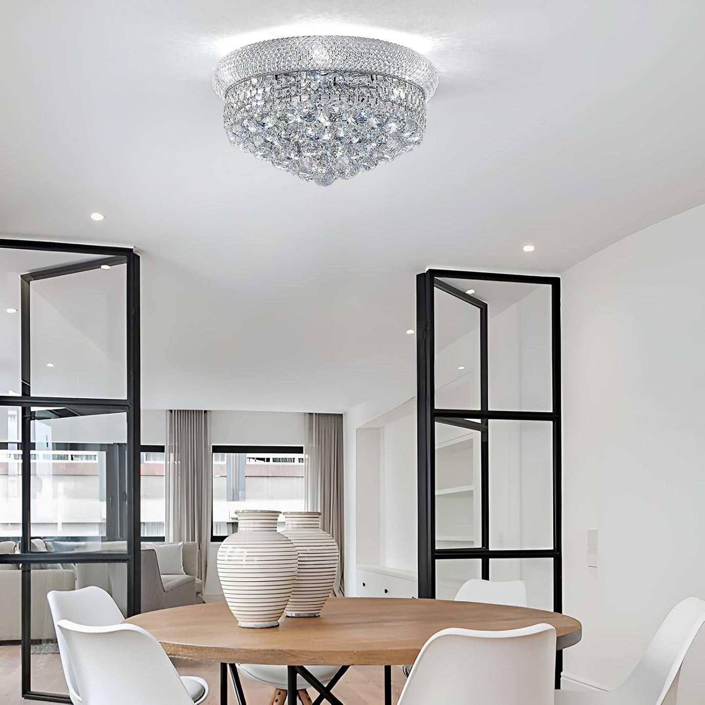 7-Light Crystal Flush Mount Chandelier Ceiling Light Fixture for Living Room Dining Room Bedroom Foyer Entryway Hallway Closet Bathroom (Chrome D18)