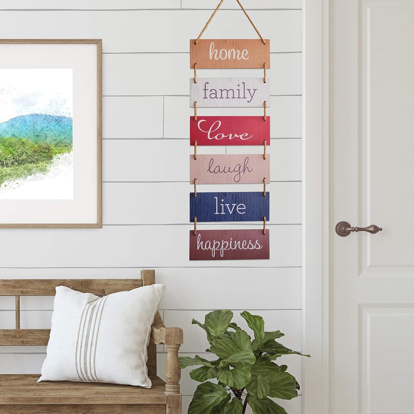 EXCELLO GLOBAL PRODUCTS Large Hanging Wall Sign: Rustic Wooden Decor (Home, Family, Love, Laugh, Live, Happiness) Hanging Wood Wall Decoration (11.75" x 32")