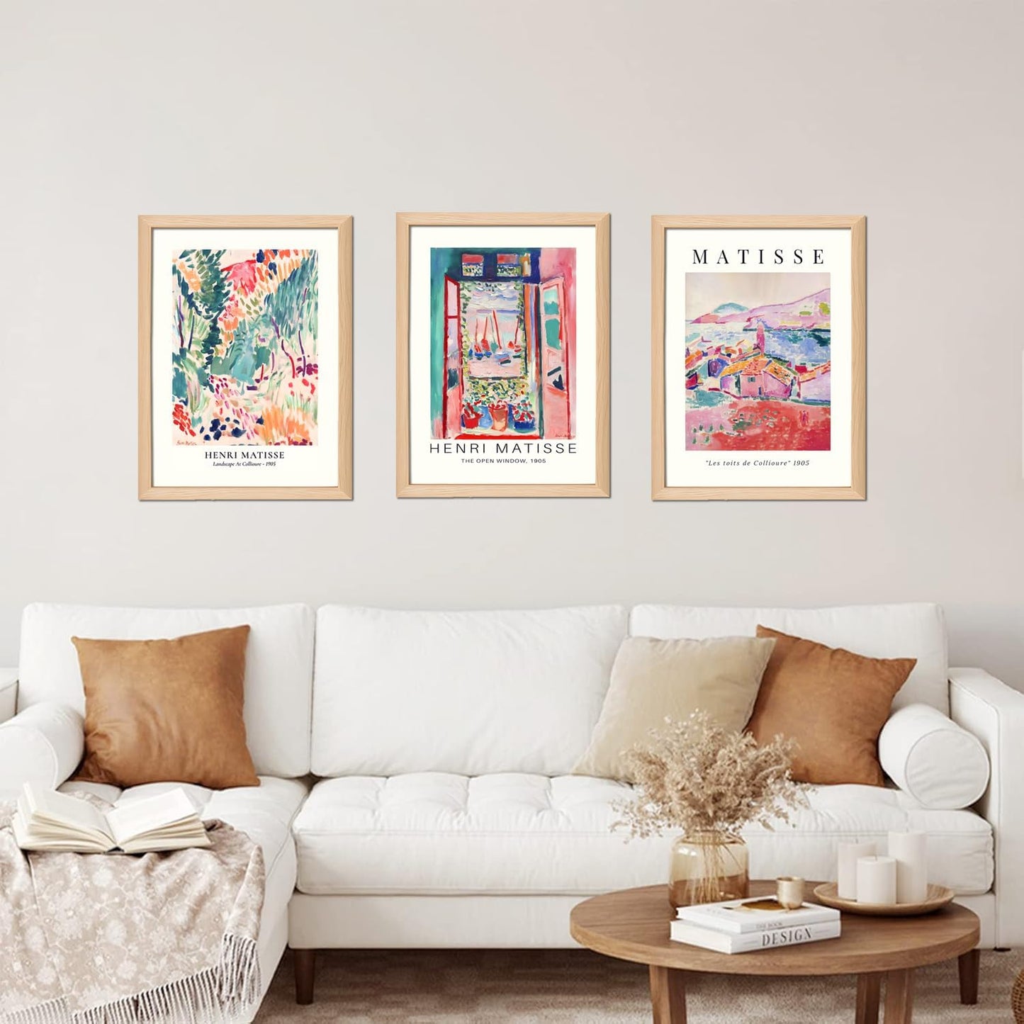 Wooden Framed Matisse Wall Art Set of 3 Abstract Henri Matisse Posters Vintage Flower Market Canvas Prints Open Window Painting Artwork Picture Aesthetic Room Decor for Bedroom Living Room 12x16in