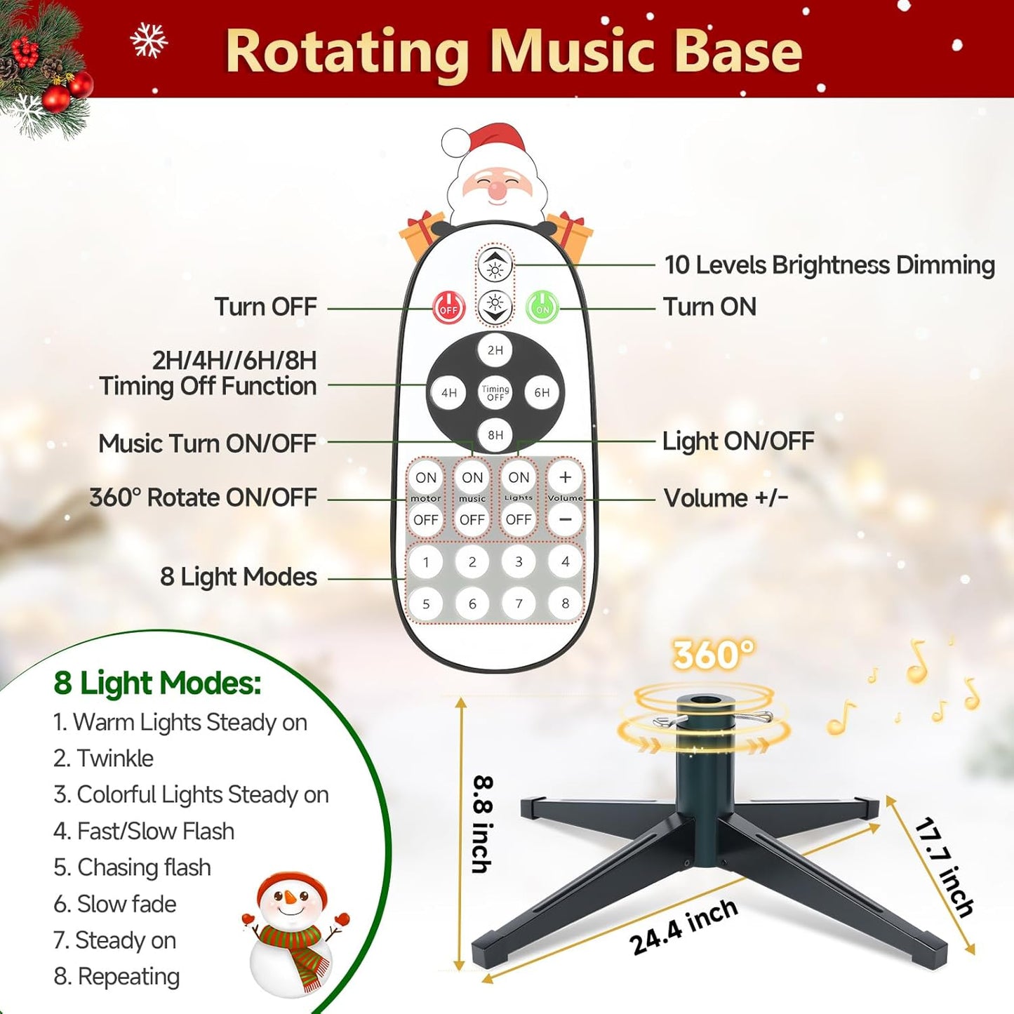 9ft Pre-lit Artificial Christmas Tree with Remote, Snow Flocked Xmas Trees Rotating & Foldable Stand, RGB & Warm White Light for Home Decor