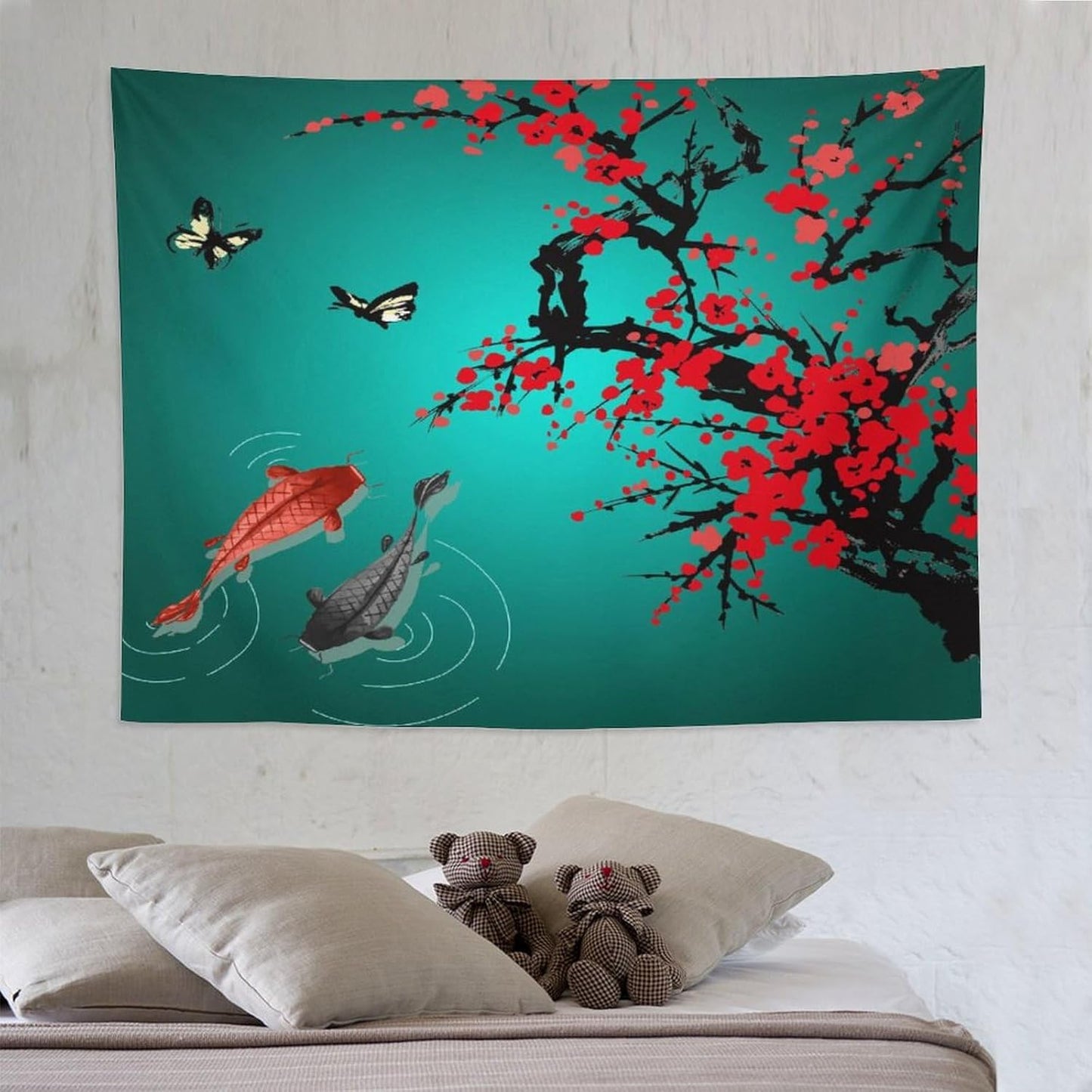 Houselerax Japanese Koi Fish Tapestry, Cherry Blossoms Asian Oriental Green Teal Floral Branch Koi Fish Carp Tapestries Wall Hanging for Bedroom Living Room Office Decor 80"x60"