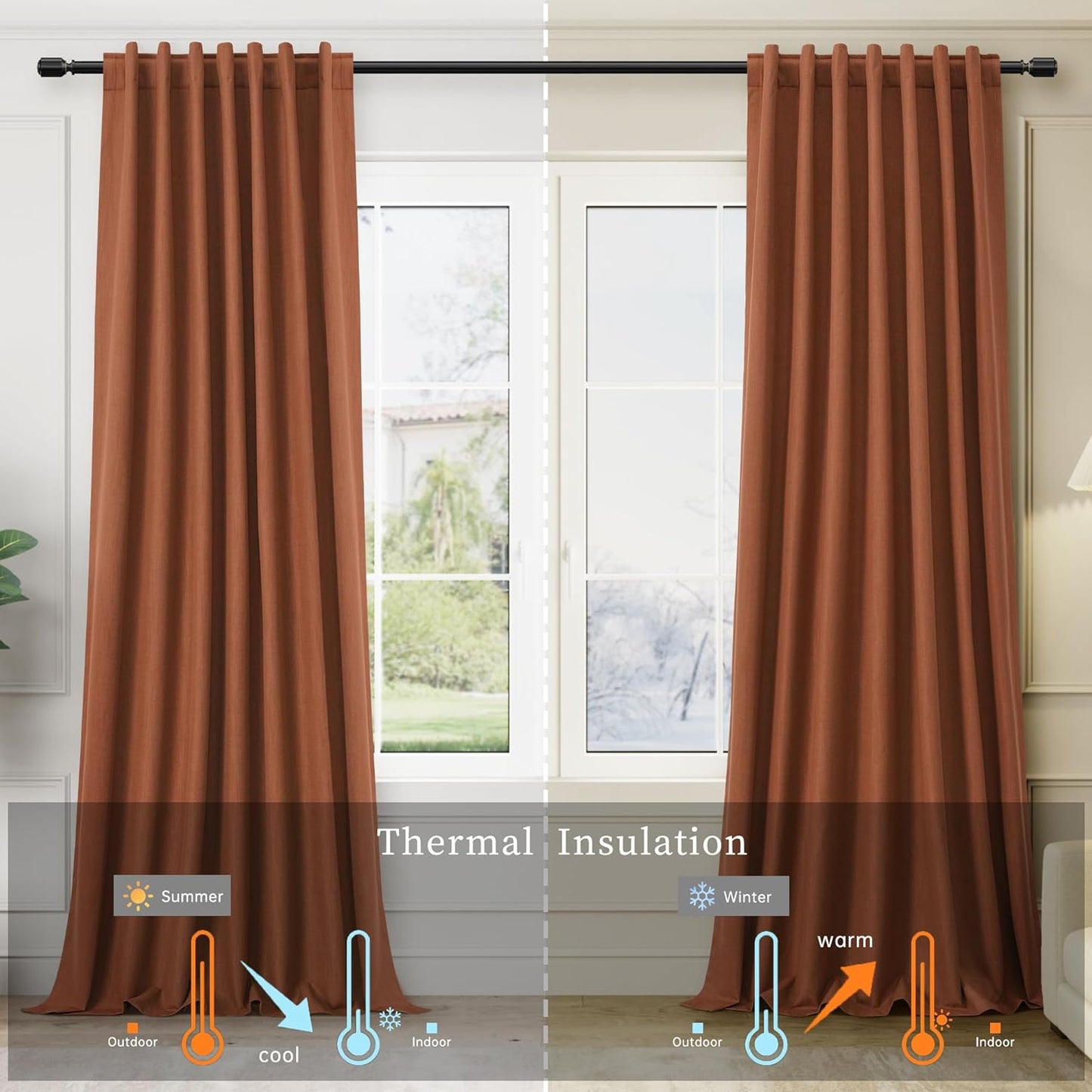 BOODII Terracotta 120 Inch Long Blackout Curtains for Living Room Linen Blend Back Tab Neutral Modern Room Darkening Curtains Thermal Insulated Black Out Curtain for High French Window Burnt Orange