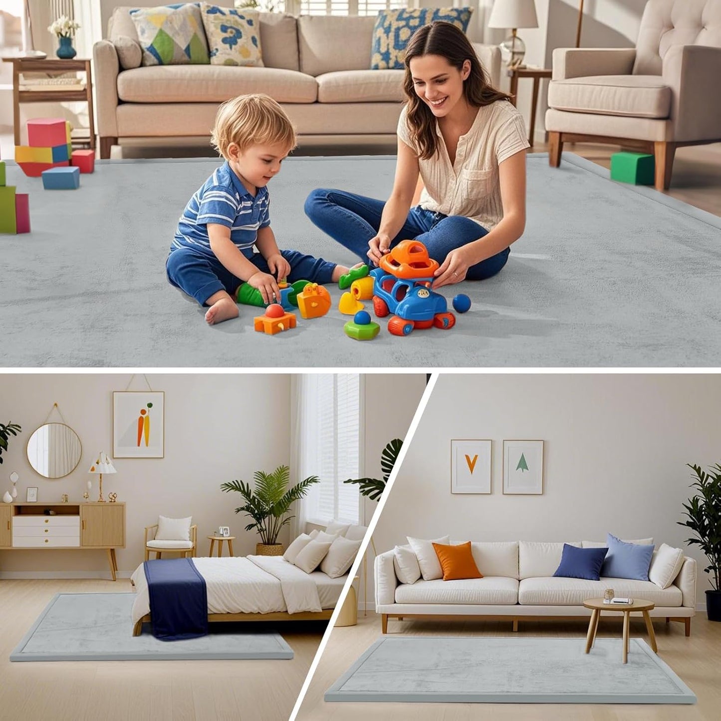 ACOMOPACK Baby Play Mat for Floor,1.3" Thick Memory Foam Area Rug for Living Room,Soft Velvet Crawling with Non-Slip Bottom for Kid,Toddler,59"×71" Tummy Time Nursery Rugs,Yoga(Light Grey)