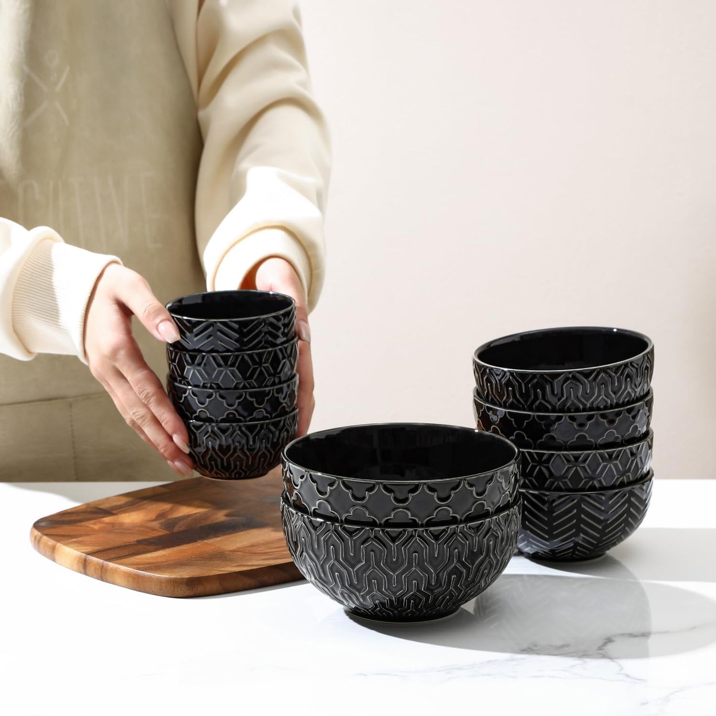 Sureasy Small Bowls 4 OZ, 3.5 Inch Dipping Bowls, Ceramic Embossed Mini Bowl for Side Dishes, Sauces, Appetizer, Housewarming, Set of 4, Black