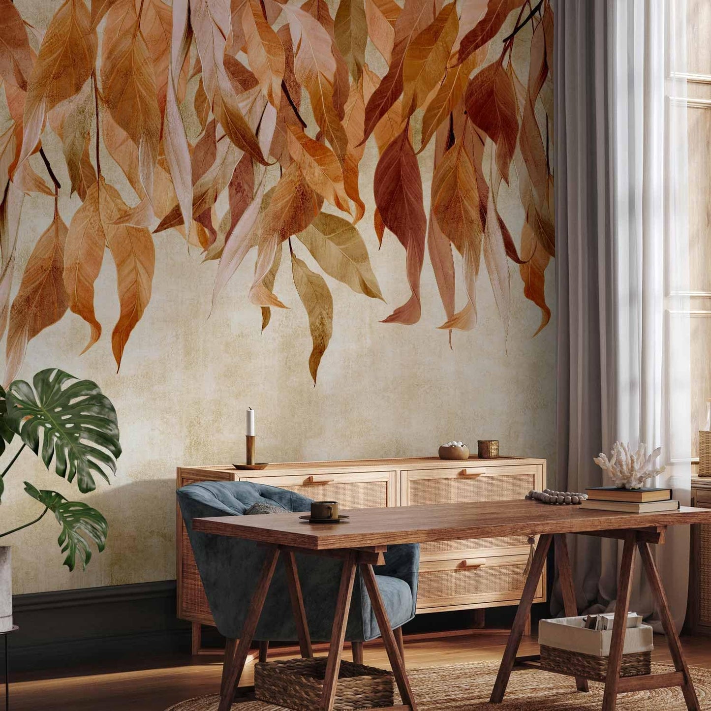 artgeist Wall Mural Hanging Leaves 177x124 in - Non-Woven Wallpaper Fleece Wall Decor Photo Print Picture Image Design Nature Botanical Concrete Orange Beige b-C-10146-a-c