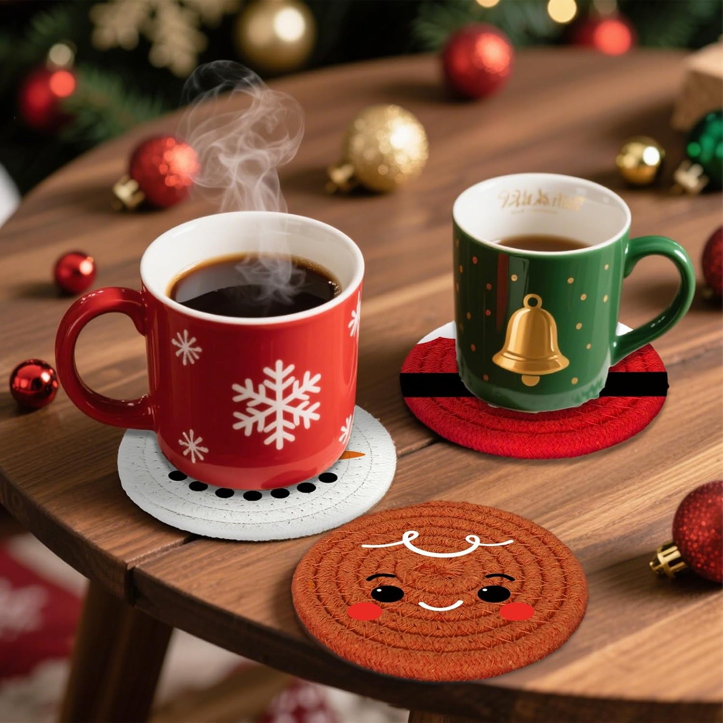 Whaline Christmas Cartoon Cotton Coasters Funny Santa Gingerbread Snowman Handmade Braided Drink Coasters Absorbent Cup Mats for Xmas Holiday Party Home Table Decor, Set of 4
