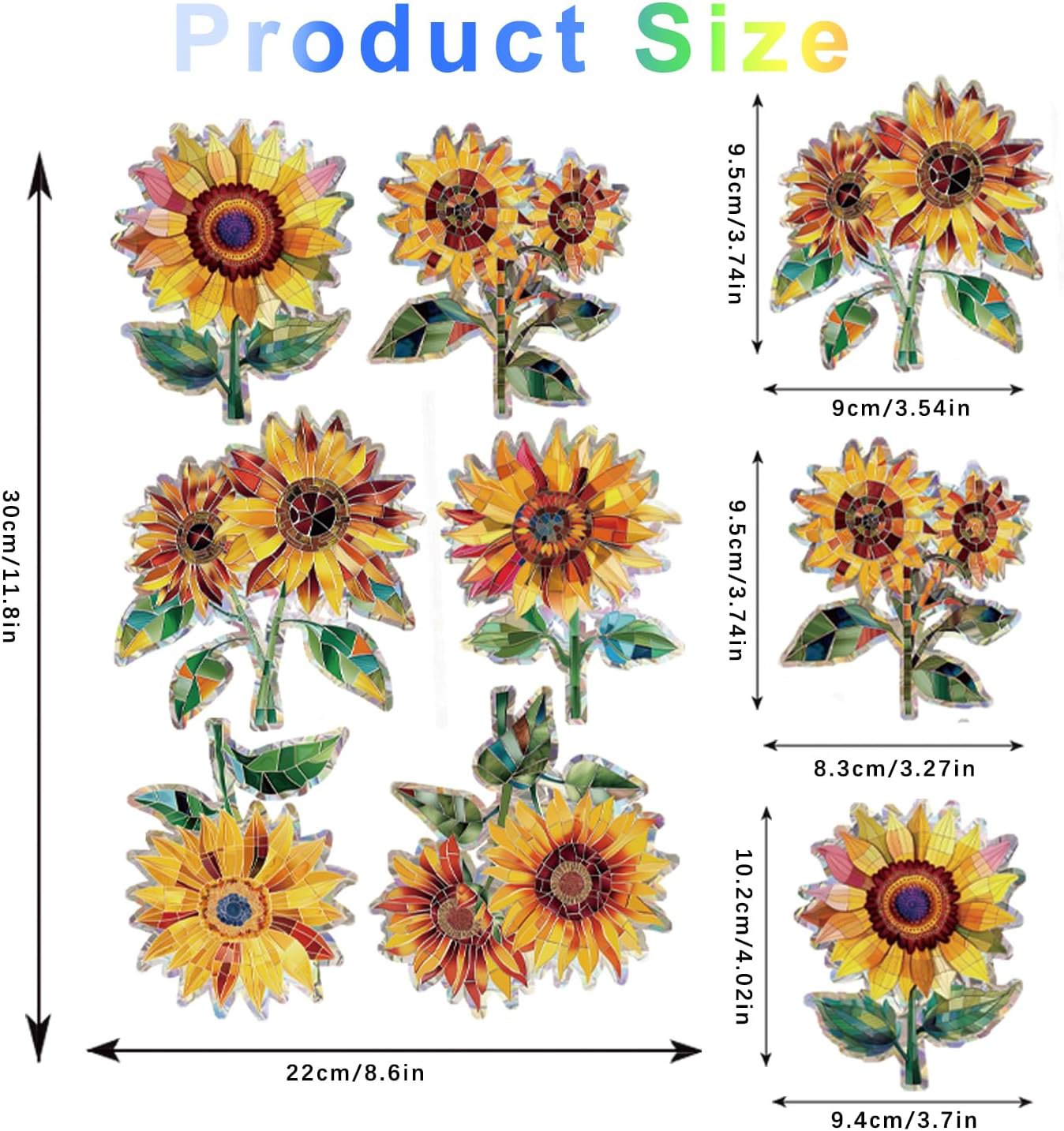 12pcs Window Decals for Bird Strikes, Anti Collision Window Clings, Rainbow Reflection Window Sticker, Sunflower Style Sun Catcher Stickers for Glass Windows