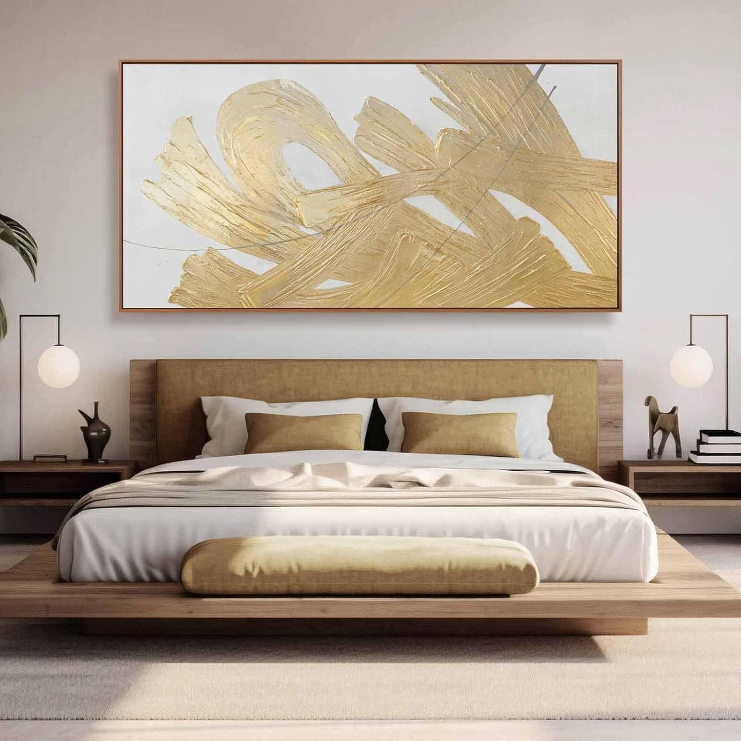 XIANSHOU Gold and White Canvas Wall Art Abstract Wall Artwork Neutral Wall Decor 36"x70" Large Canvas Painting for Living Room Office