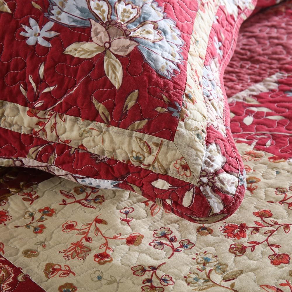 Cotton Bedspread Quilt Bedding Sets 3 Pieces Reversible Coverlet Sets Comforters Vintage Floral Patchwork Purple Red Bedspread, King Size