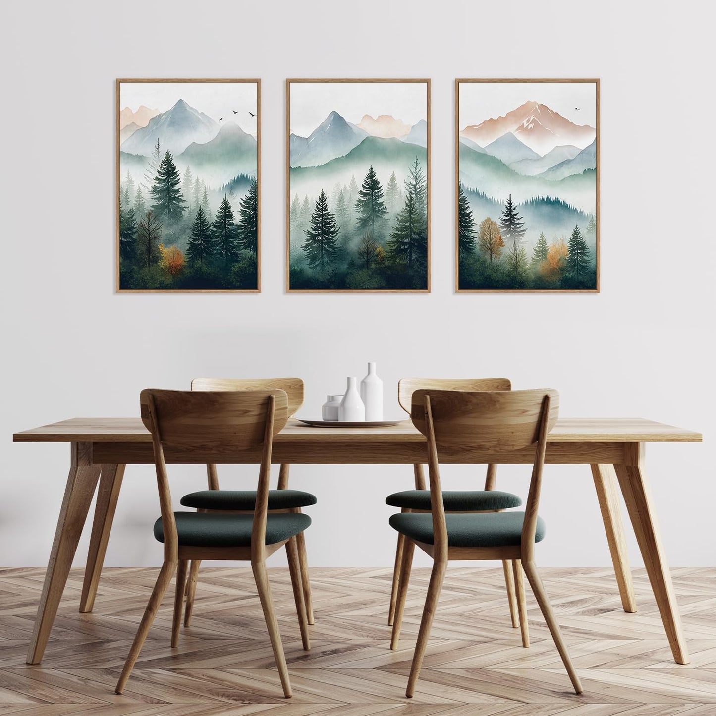 HLNIUC Misty Mountain Forest Framed Wall Art Set,Green Fog Pine Tree Wall Decor,White Foggy Forest Senic Canvas Wall Painting,Fogforest Landscape Art Print for Living Room,Bedroom,Office - 16”x24”x3