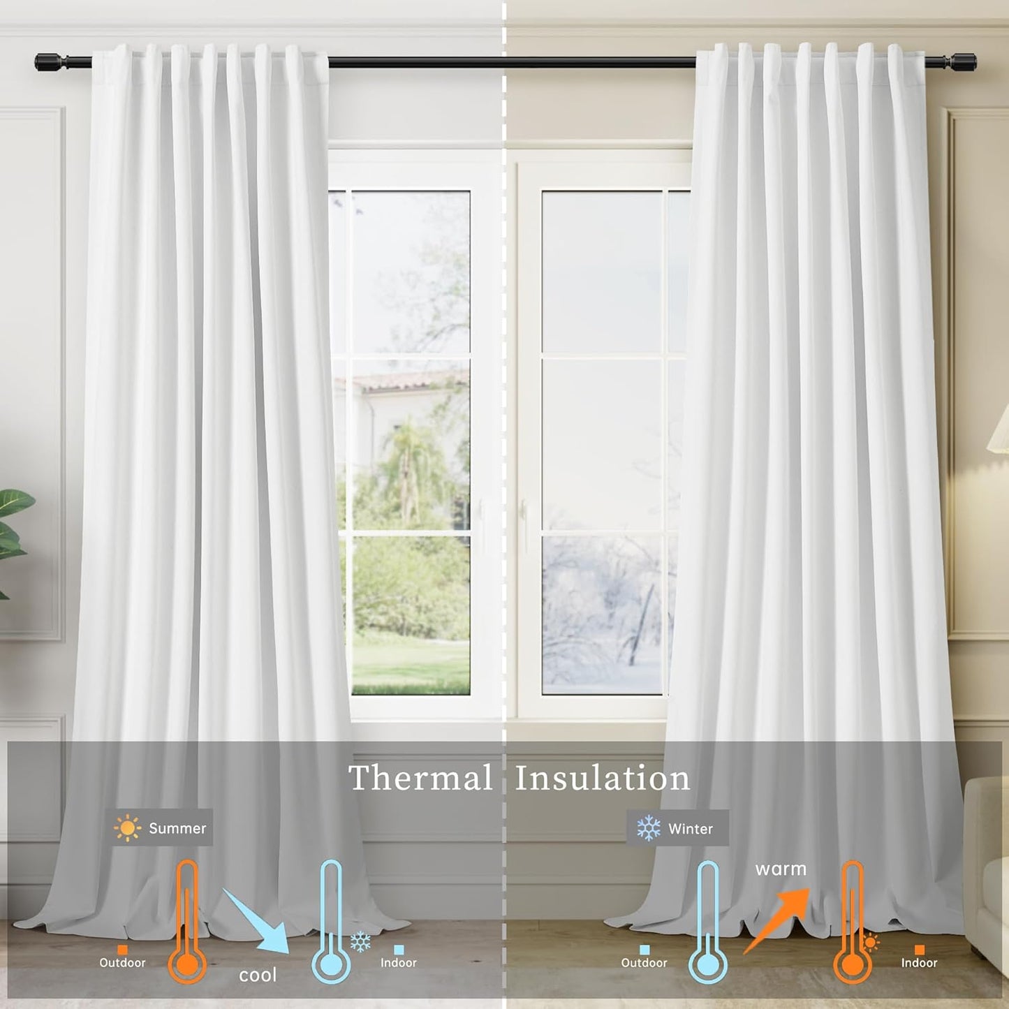 White Linen Textured Bedroom Curtains Back Tab 100% Blackout 102 Inch Room Darkening Curtains Thermal Insulated Heat Blocking Noise Reducing Drapes for Living Dining Room Modern Cottage Home Decor