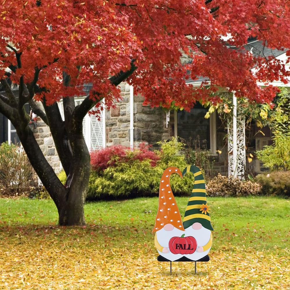YEAHOME Outdoor Fall Decor, 2 Gnomes Decorative Garden Stake with Pumpkin for Fall Decorations, Autumn Metal Yard Signs for Home Outside Garden Porch Lawn, Thanksgiving Decorations Outdoor (YHMD-478)