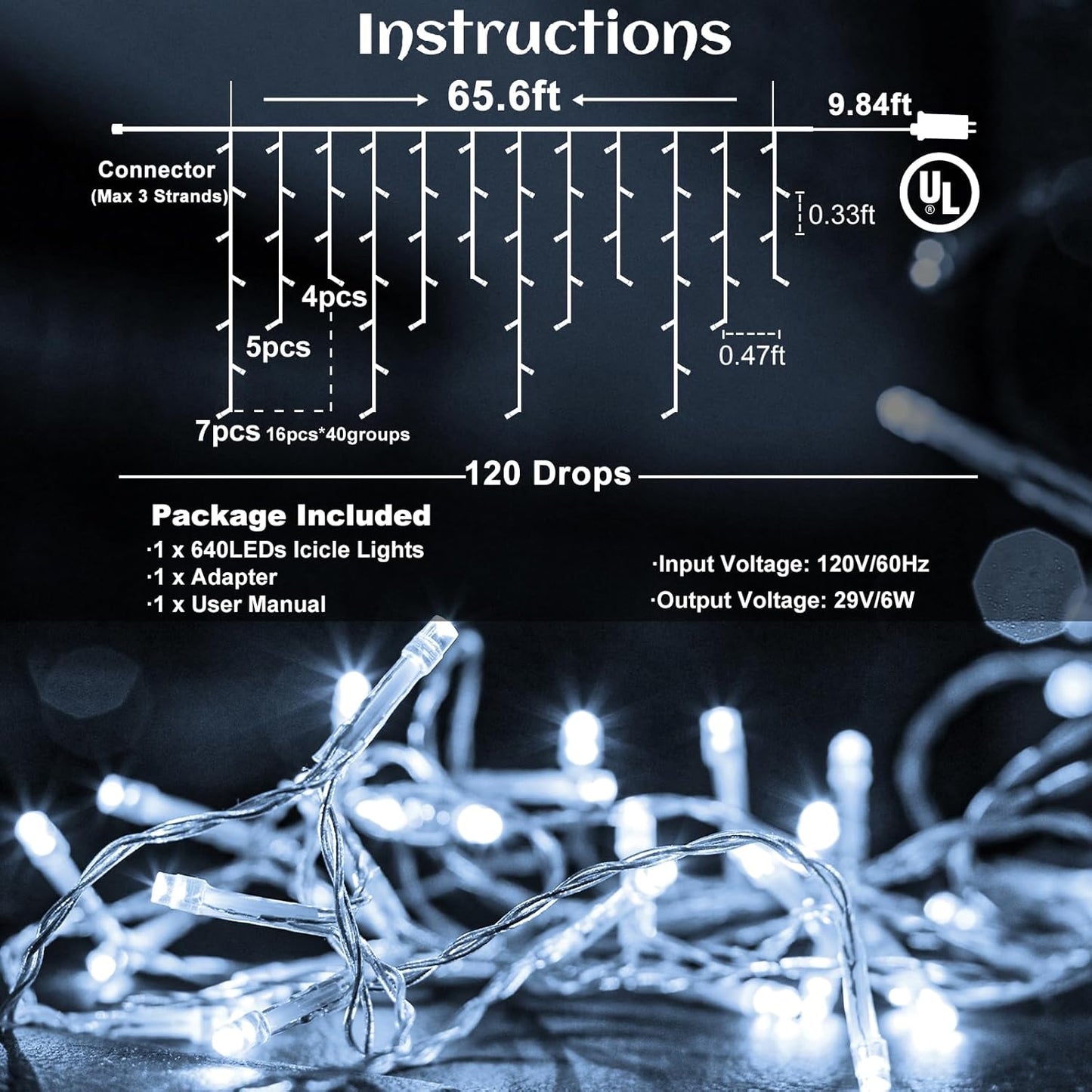 Icicle lights Outdoor - 66ft Christmas Lights with 640LED 120 Drops 8 Modes, Plug in Curtain String Lights Waterproof for Holiday Wedding Party Home Garden Bedroom Indoor Outdoor Decoration,Cool White
