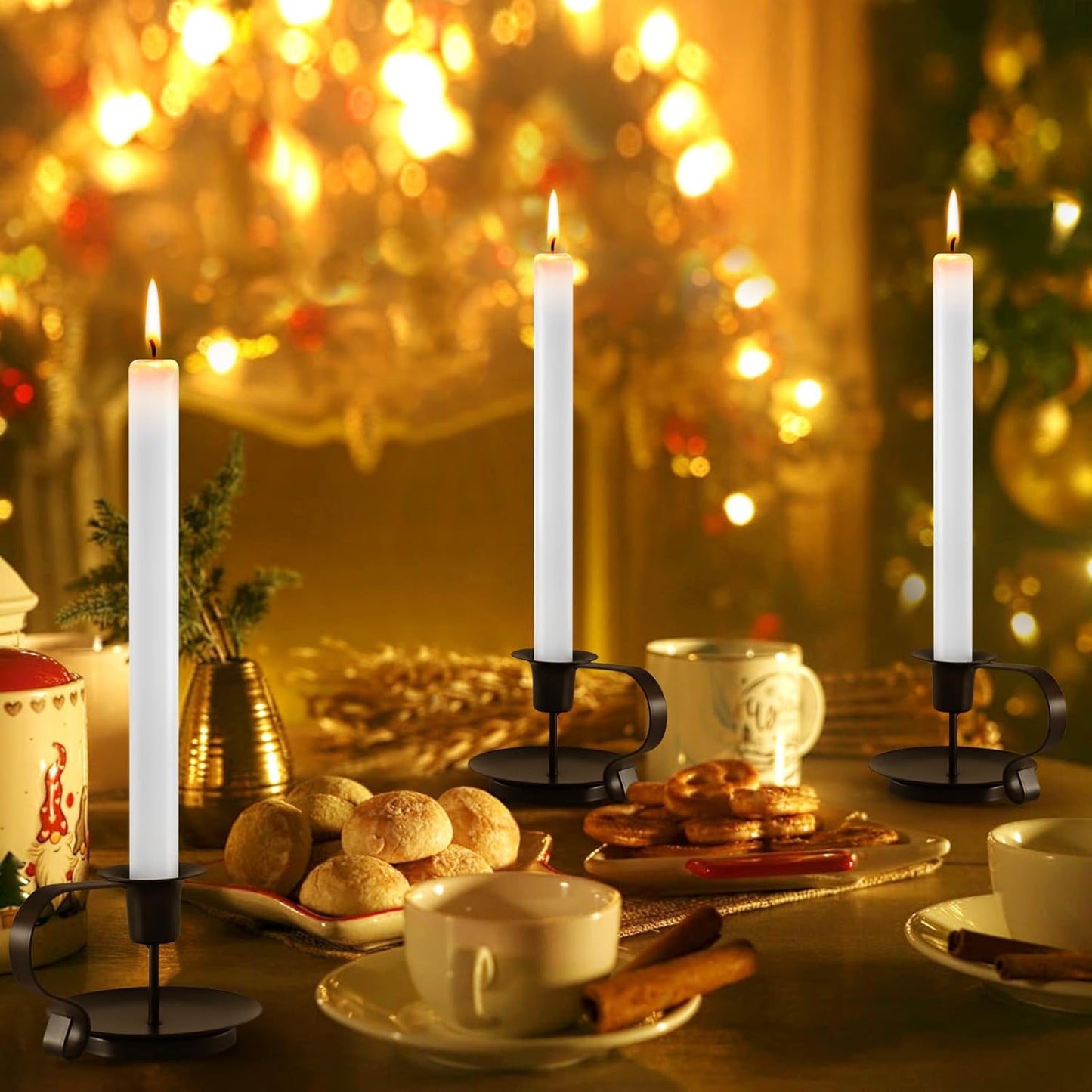 Black Metal Taper Candle Holders Set of 2, Vintage Chamberstick Candle Holder with Handle for Taper Candles, Farmhouse Rustic Candle Holders for Table Decor, Halloween Christmas Decoration