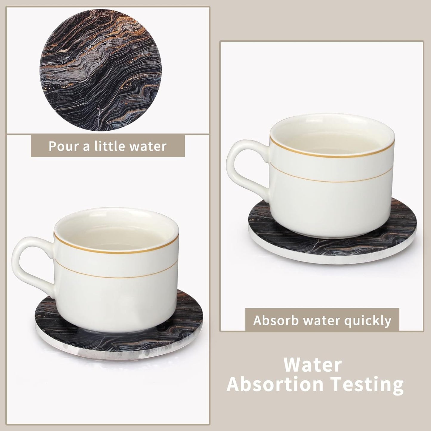 White Marble Style Ceramic Coasters Set of 6 with Holder Round Modern Coffee Table Decor Drink Coaster Gifts Absorbent Stone Coasters for Rustic Farmhouse Bar