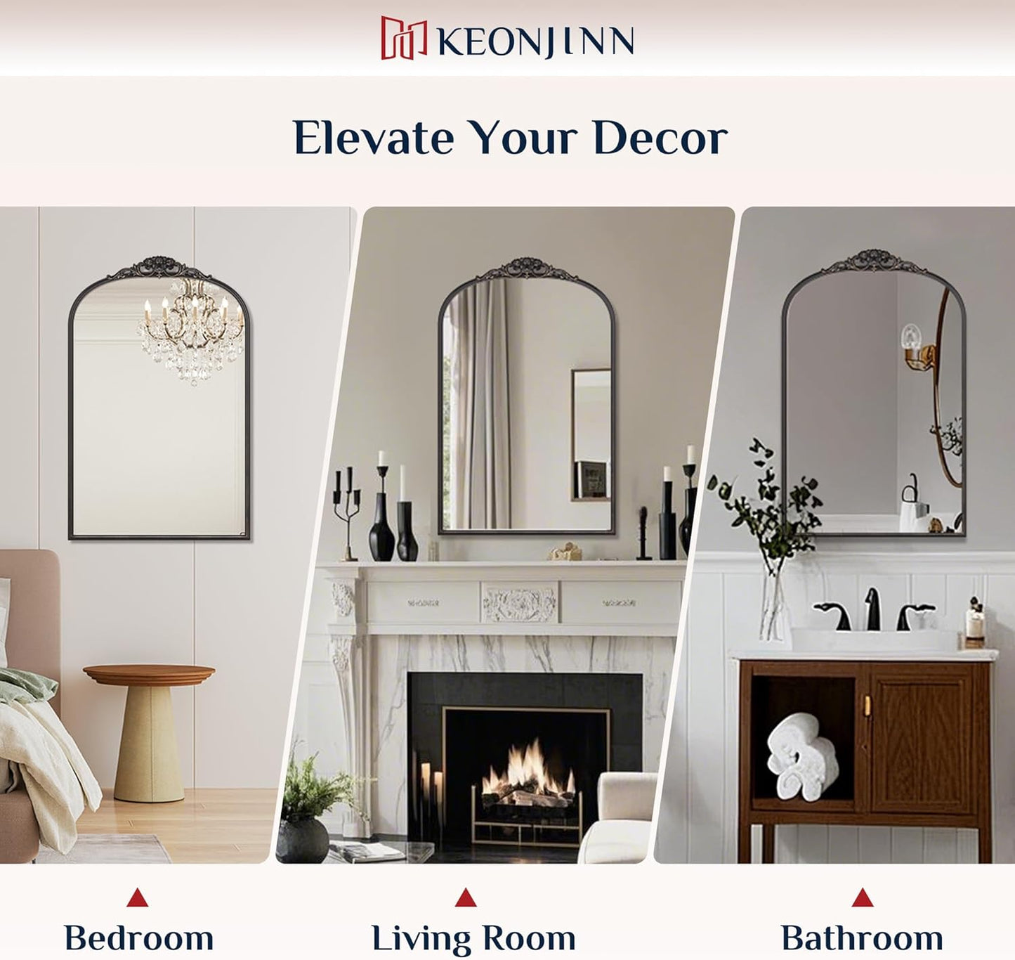Keonjinn Vintage Mirror for Wall, 36" x 30" Black Antique Mirrors with Metal Frame, Baroque Style Decoration for Mantle, Bathroom, Living Room, Fireplace, Bedroom, French Cleat Mounting