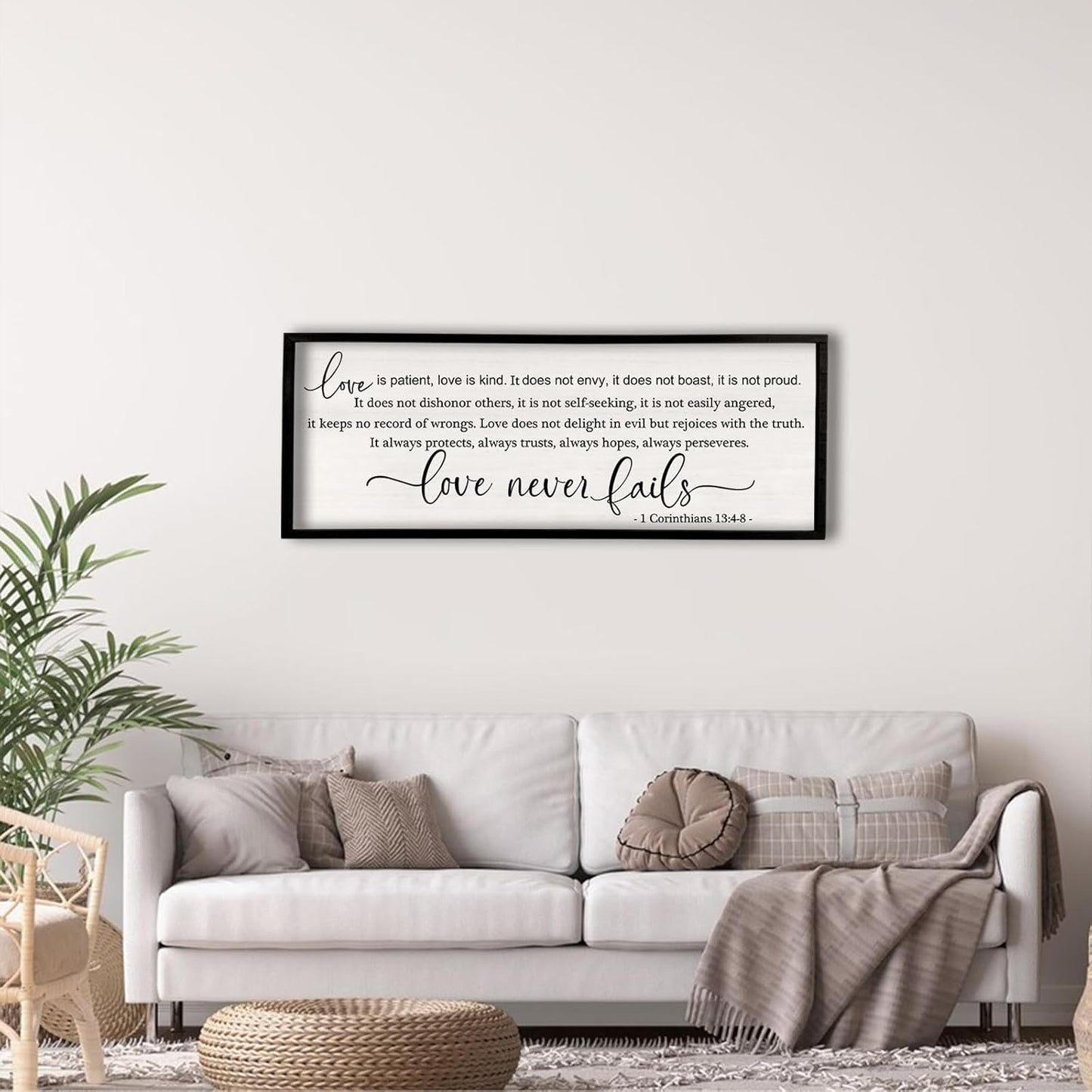 flowtorely Love is Patient, Kind Wall Art Decor 40"X15" Love Never Fails Sign 1 Corinthians 13 Bedroom Above Bed Large Bible Verse Quote Scripture Christianity Hanging Sign (Black)