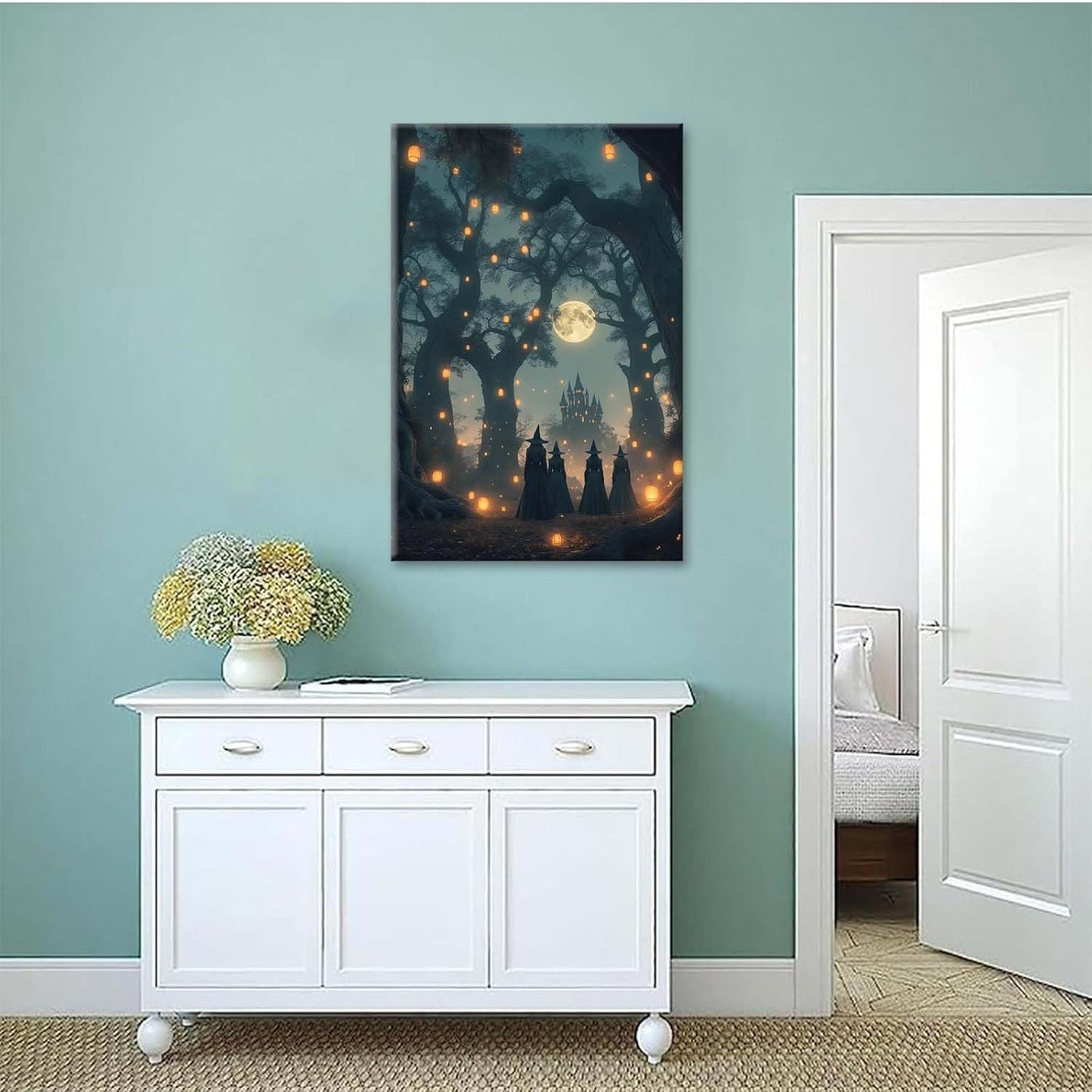 Mysterious creek painting witch and castle in magic forest art print canvas gothic print dark college decoration poster for home bedroom20x30in Wood Framed