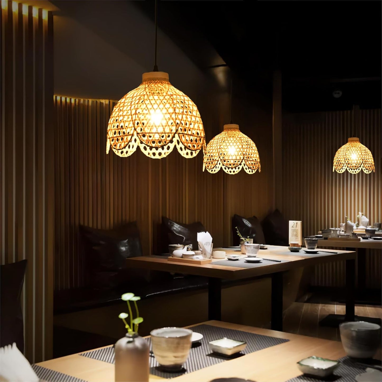 3-Pack Boho Pendant Light Fixture 9.8" Bamboo Hanging Light Mini Rattan Pendant Light,Woven Wicker Shade Rattan Chandelier for Dining Living Bedroom Kitchen Farmhouse