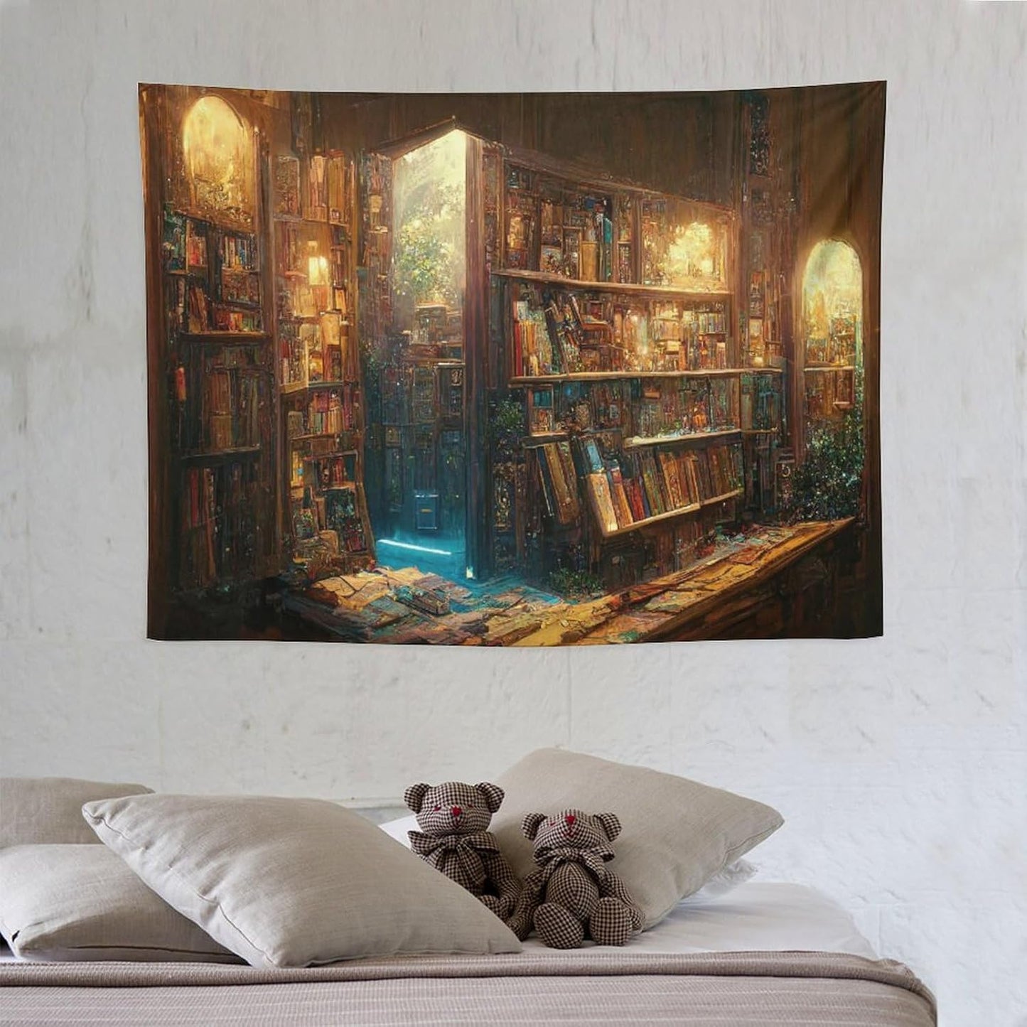 Kurtect Bookshelf Tapestry,Vintage Style Library Watercolor Art Theme Pattern Print Tapestries for Party Beach Picnic Blankets Tablecloths Living Room Wall Deocr, 30x40 in