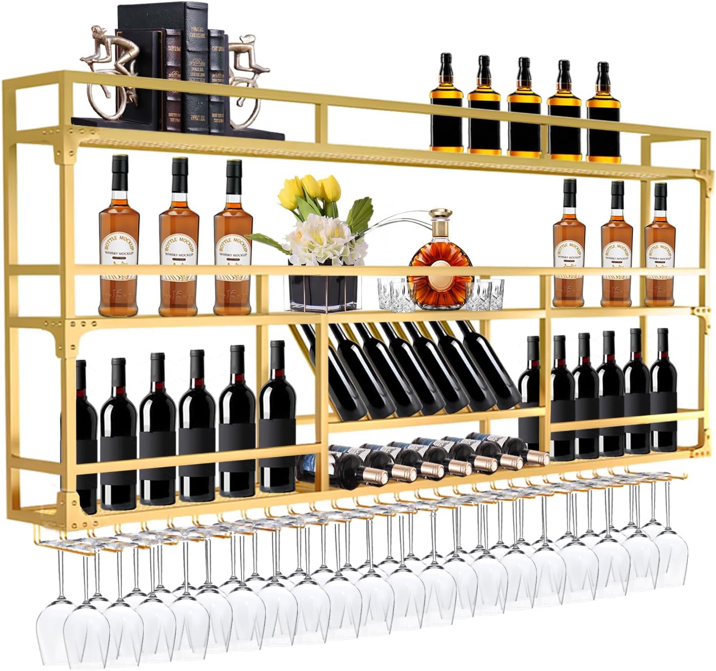 59in Wall Mounted Wine Rack, Wine Rack Wall Mounted With Wine Glass Rack, Metal Bar Bottle Display Shelf Wine Cups Hanging Holder, For Home Bar Cafe Dining Room Decoration (GOLD, 59*10*35.5inch)