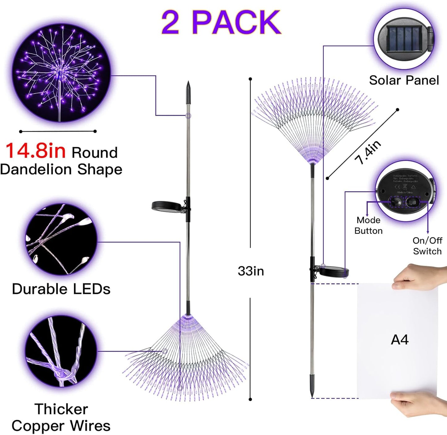 suddus 2 Pack Purple Halloween Lights Outdoor, 150LED Purple Solar Garden Lights with 8 Modes, Waterproof Solar Firework Light for Halloween Yard Garden Decorations