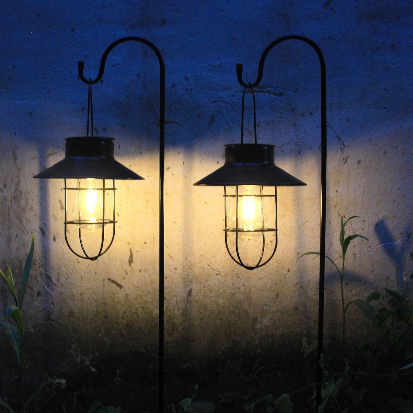 Solar Lantern 2pack Outdoor Hanging Light- Waterproof Vintage Metal Light with Shepherd Hook Decorative for Patio, Backyard, Porch, Yard (Black)