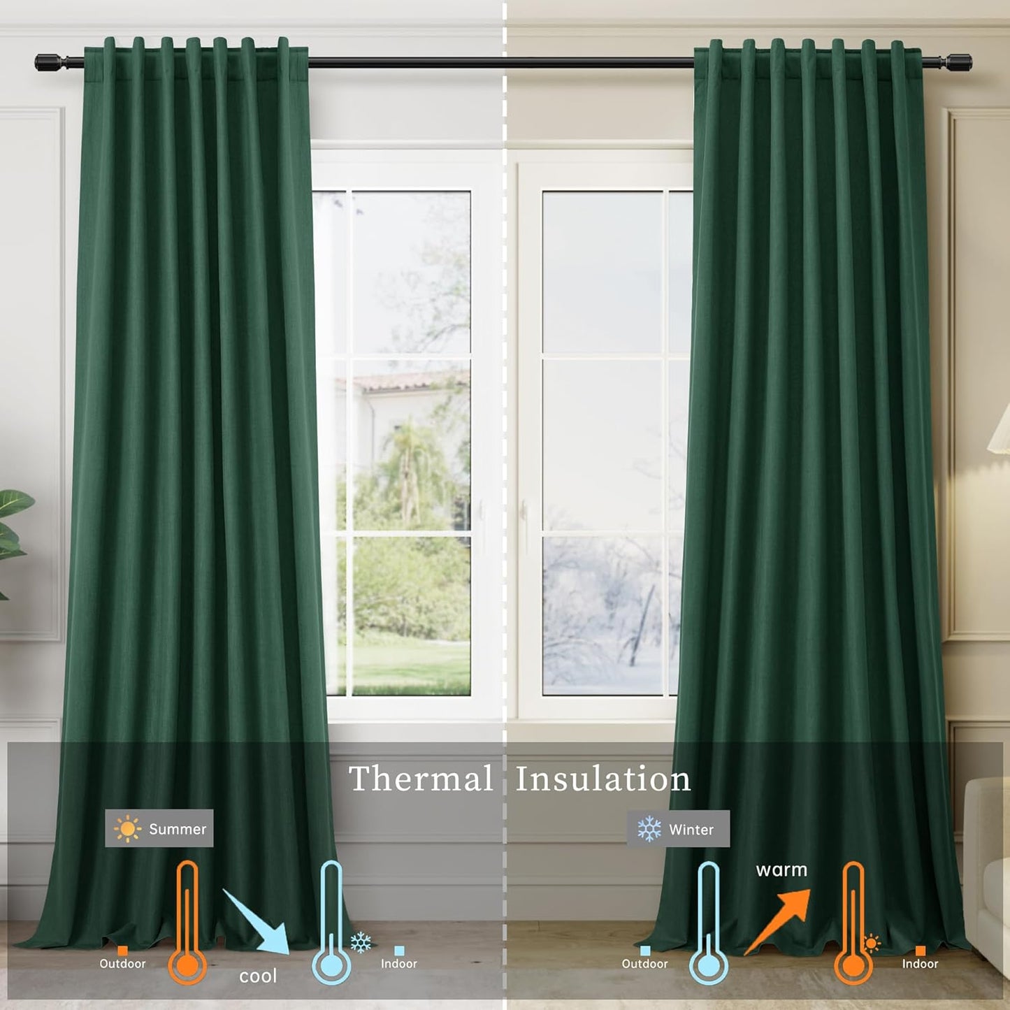 BOODII Full Blackout Curtains 90 Inches Long Room Darkening Curtains for Bedroom Sliding Door Thermal Insulated Black Out Curtains & Drapes Green Linen Curtain 2 Panels Set Back Tab 52x90
