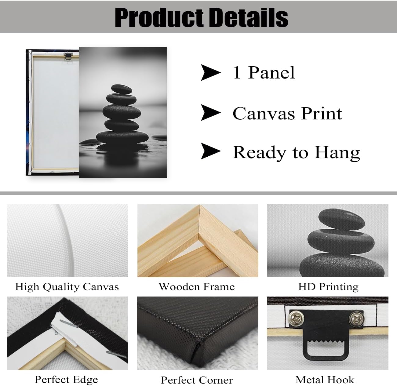 DOARTDO Zen Canvas Wall Art Black and White Zen Stone Picture Print Meditation Relax Spirit Spa Room Bathroom Decor Frame (24.00" x 36.00", Zen Stone - 3)