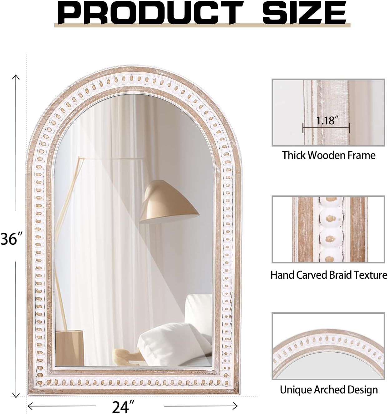 36x24 Inches Boho Wooden Arched Wall Mirror with Beaded, Rustic Farmhouse Decorative Arch Mirrors for Bathroom Vanity, Living Room, Entryway, or Foyer