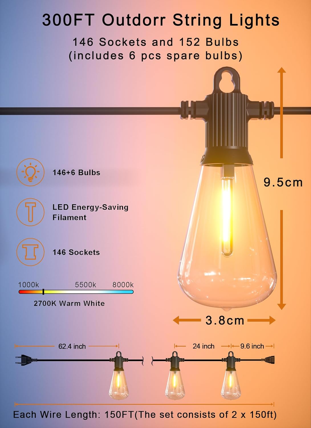 Outdoor String Lights Waterproof, 300FT Patio Lights with 146 Shatterproof ST38 Globe Bulbs(6 Spare), Connectable Dimmable LED Hanging String Lights for Outside Backyard Porch Balcony(150FT x 2)