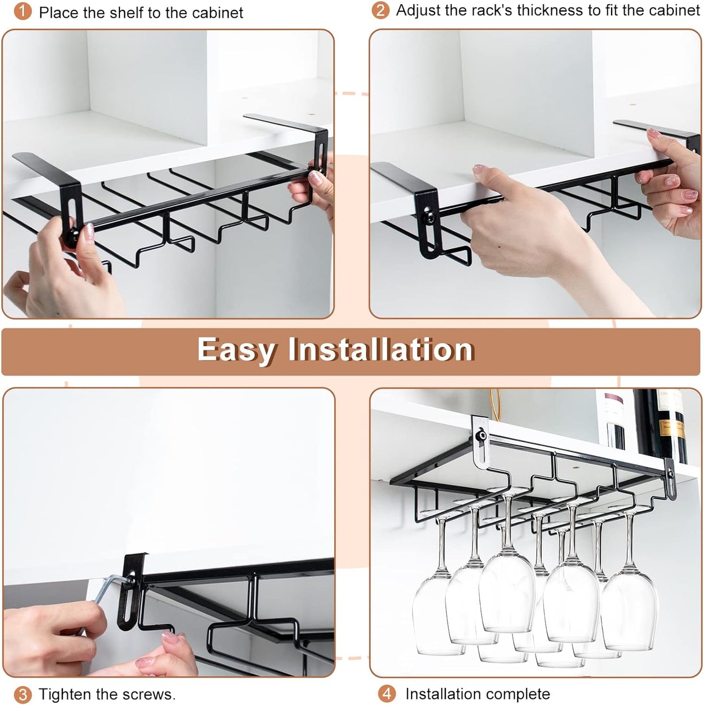 AUHOKY 2Pcs Adjustable Wine Glass Rack Under Cabinet, Punch-Free 3 Rows Stemware Metal Holder, Hanging Glass Storage Hanger Organizer for Shelf Kitchen Bar Decor (3 Rows, Black)