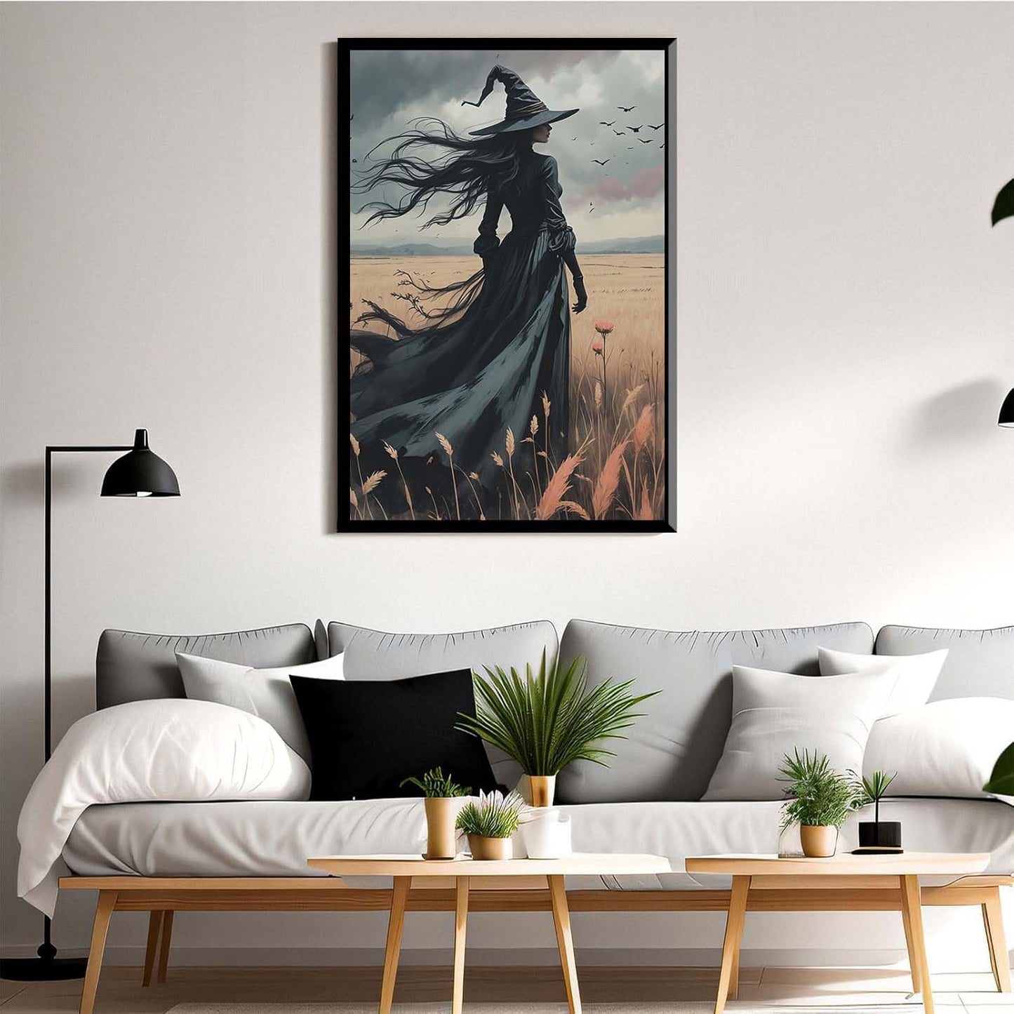 JFHCQJPK Gothic Decor Canvas Wall Art Witch in Rice Field Halloween Art Decor Print Nature Print Victorian Home Bedroom12x16in Metal blackFramed