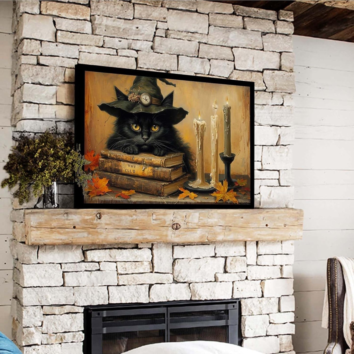 JFHCQJPK Vintage Halloween wall decoration black cat and magic book suitable for home bedroom living room decoration dark classic art witch wall decoration20x30in Metal blackFramed