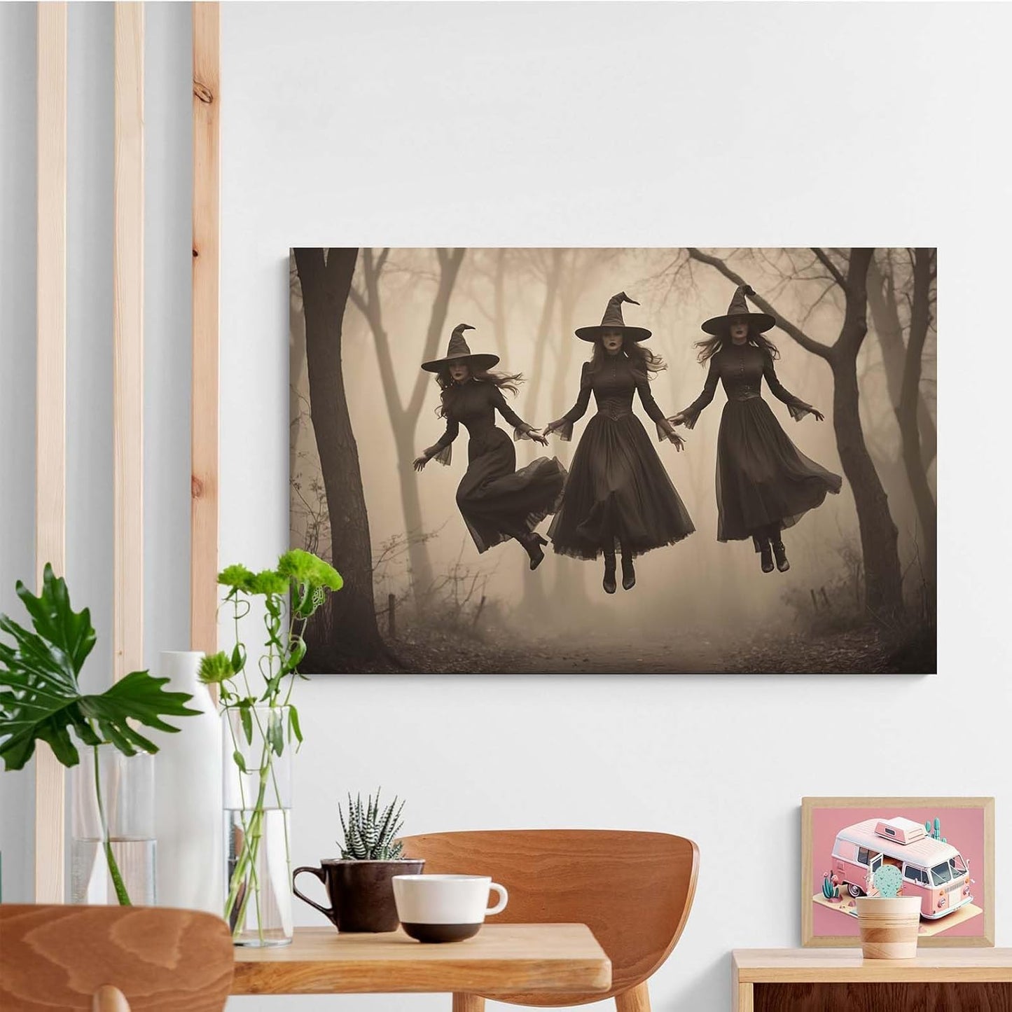 JFHCQJPK Three ghost witches flying in vintage forest gothic wall art witchcraft decoration holiday gift canvas wall art print16x24in Frameless