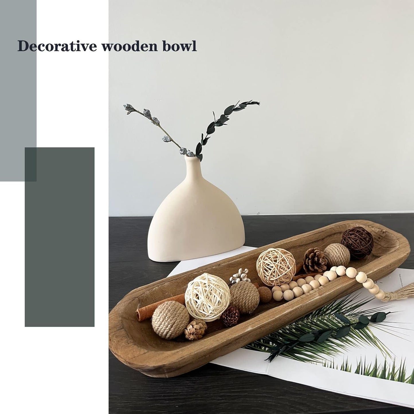 Wooden Dough Bowl Decor, Vintage Wooden Bowl Hand Carved Home Decor for Dining Table Center, Living Room, Kitchen Decor. (20inch brown)