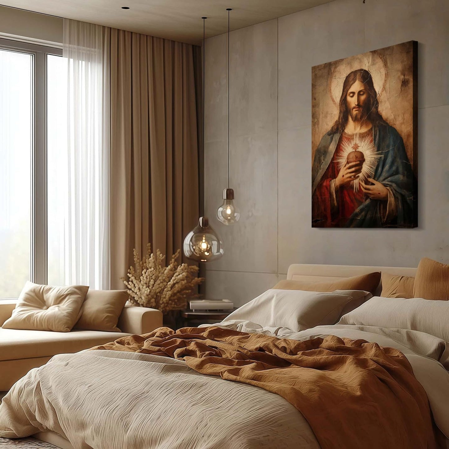 Framed Jesus Sacred Heart Canvas Painting Wall Art Christian Religious Poster Inspirational Bible Art Gallery Style Print for Bedroom Church Home Decor 12X16 Inch Ready to Hang