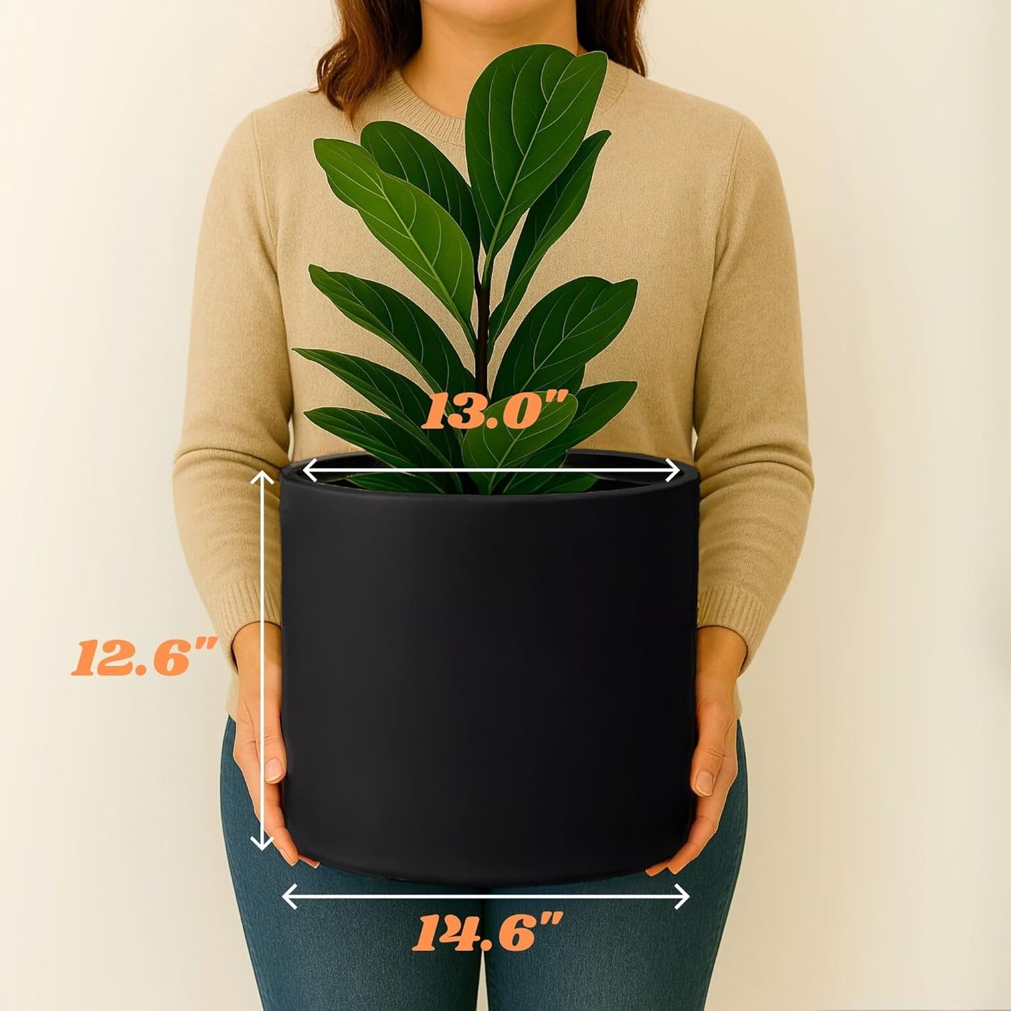 Fox & Fern 14.6 Inch Extra Large Planter — Premium Lightweight Fiberstone Matte Black Plant Pot with Drainage Plug; Big Planter for Indoor & Outdoor Use; Weather Resistant & UV Resistant