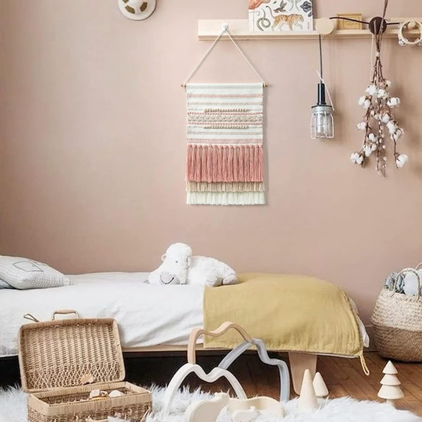 Dremisland Macrame Woven Wall Hanging Home Decor Bohemian Beige Geometric Wave Art Decor with Wool Ball and Tassle-Elegant Apartment Bedroom Dorm Room Door Decoration (Pink Line)