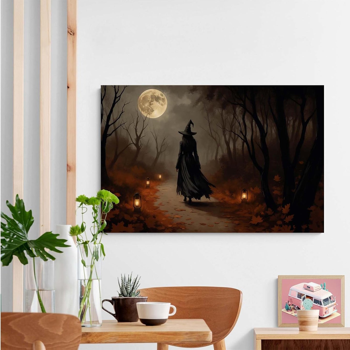 JFHCQJPK Moonlight witch poster dim lantern Halloween decoration Gothic style dark retro college style canvas wall art suitable for living room bedroom28x40in Frameless