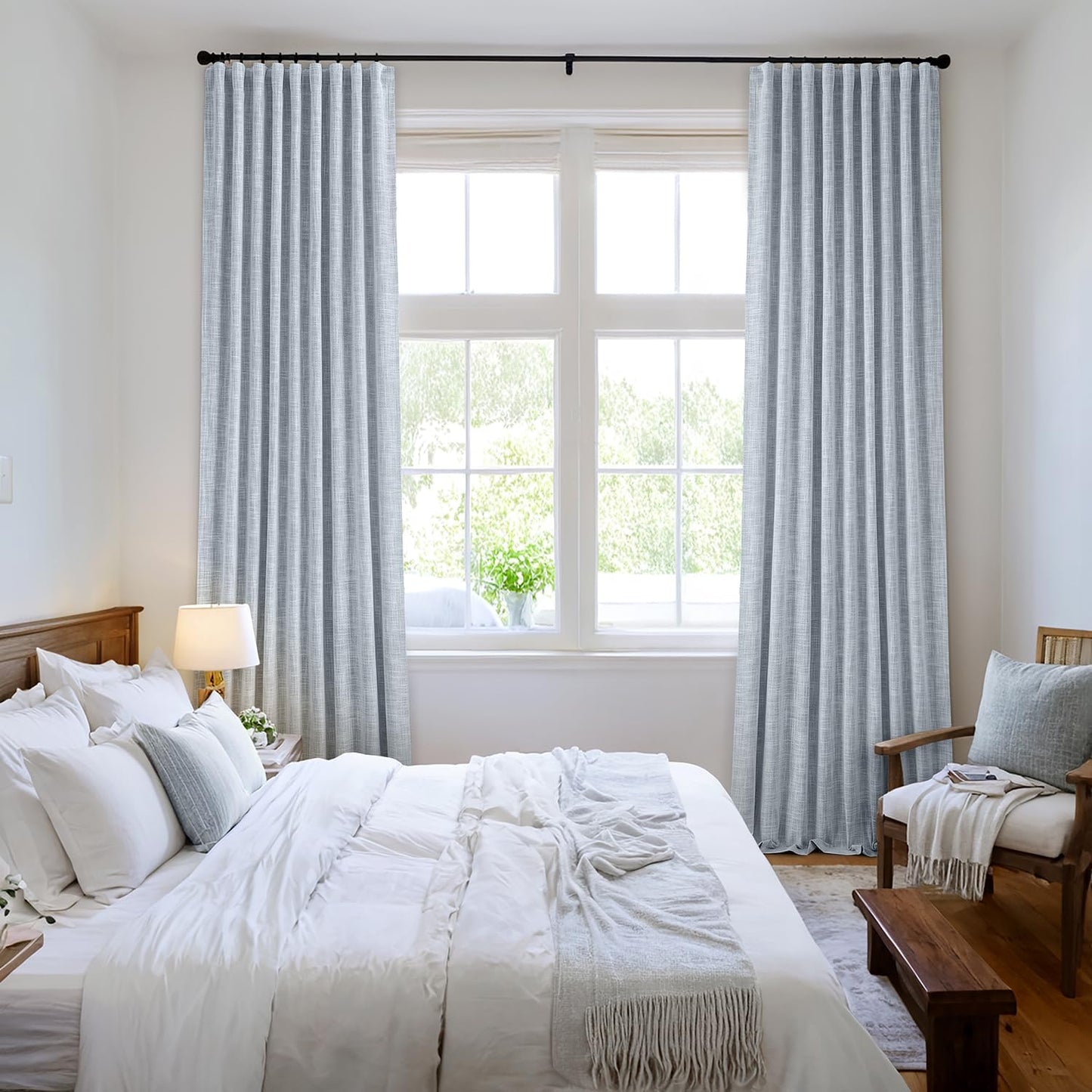 MIULEE Light Blue 100% Blackout Linen Curtains 120 Inch 2 Panels Set Double Sided No Coating Pinch Pleated Back Tab Black Out 10 FT Extra Long Thermal Insulated Bedroom Living Room Darkening Drapes