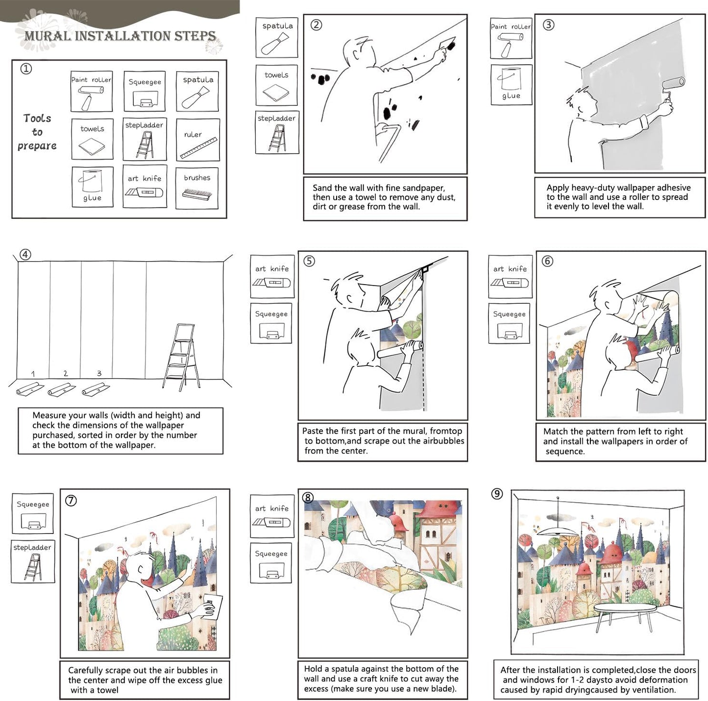 AFZEVEB-Cartoon Watercolor House Nursery Wallpaper Wall murals for Kids Room 114"x74" (Not Peel and Stick)