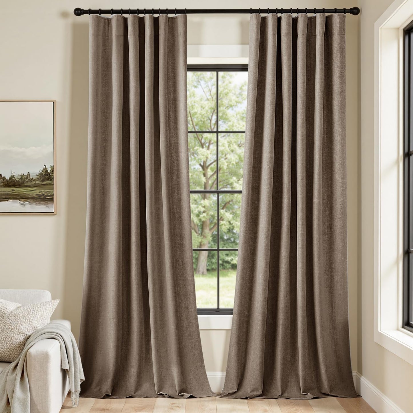 MIULEE 100% Blackout Curtains 120 Inch Long 2 Panels Set for Bedroom, Thick Faux Linen Black Out Curtain Room Darkening Back Tab Pleat Window Textured Drapes with Hooks for Living Room, Dutch Cocoa