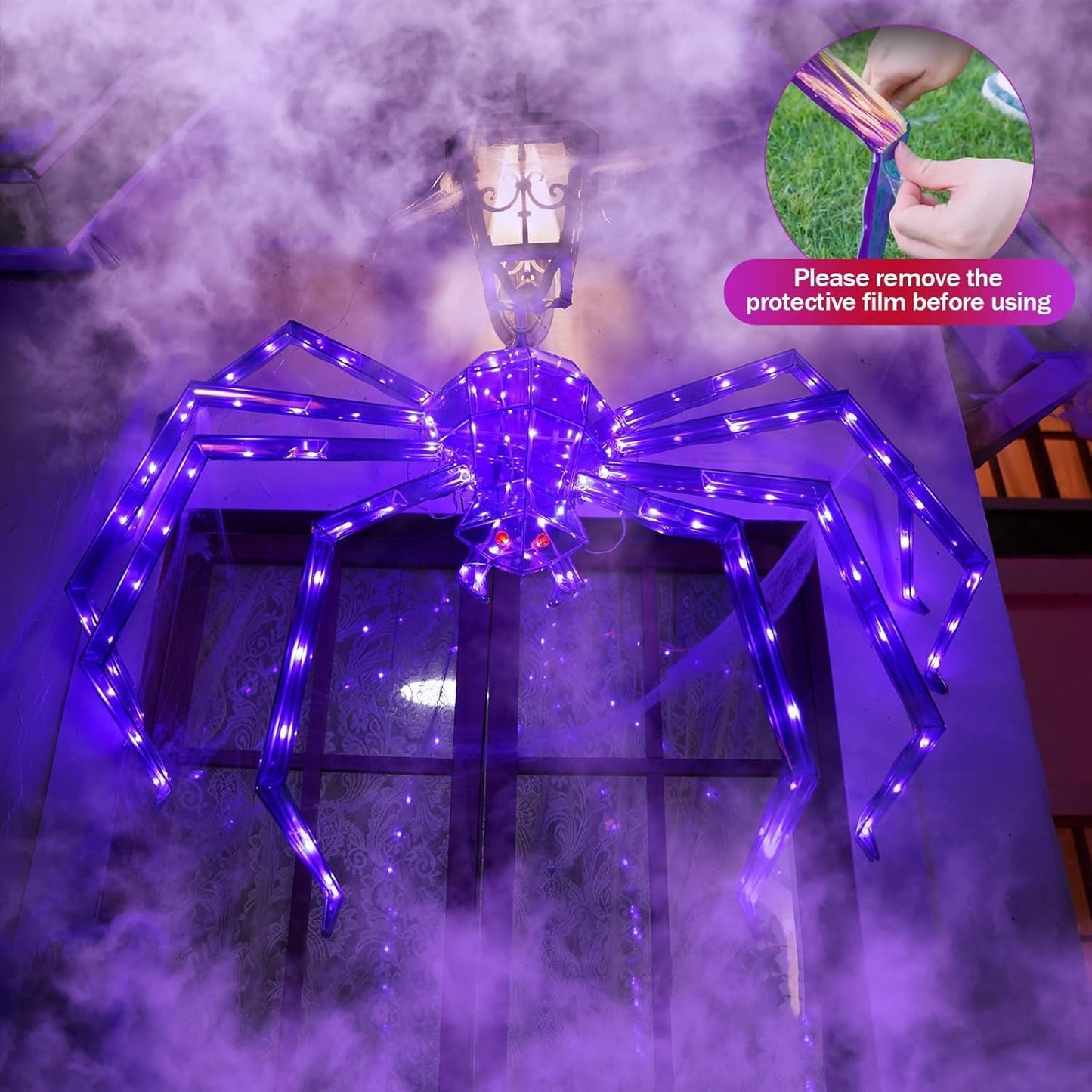 Prismatic Iridescent Giant Spider, Pre-lit Large Outdoor Scary Prismatic Spider Decorations for Halloween 120 Purple LED Light Up Giant Spider Outdoor Halloween Decorations for Garden