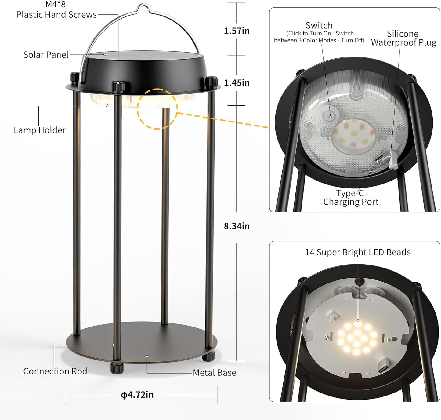 Solar Lanterns Outdoor Waterproof, LED Hanging Solar Lights for Outside, 3 Color Modes Dimmable, Rechargeable Table Lamp Indoor Decor, Solar Powered Lantern for Garden Yard Porch Patio, Black