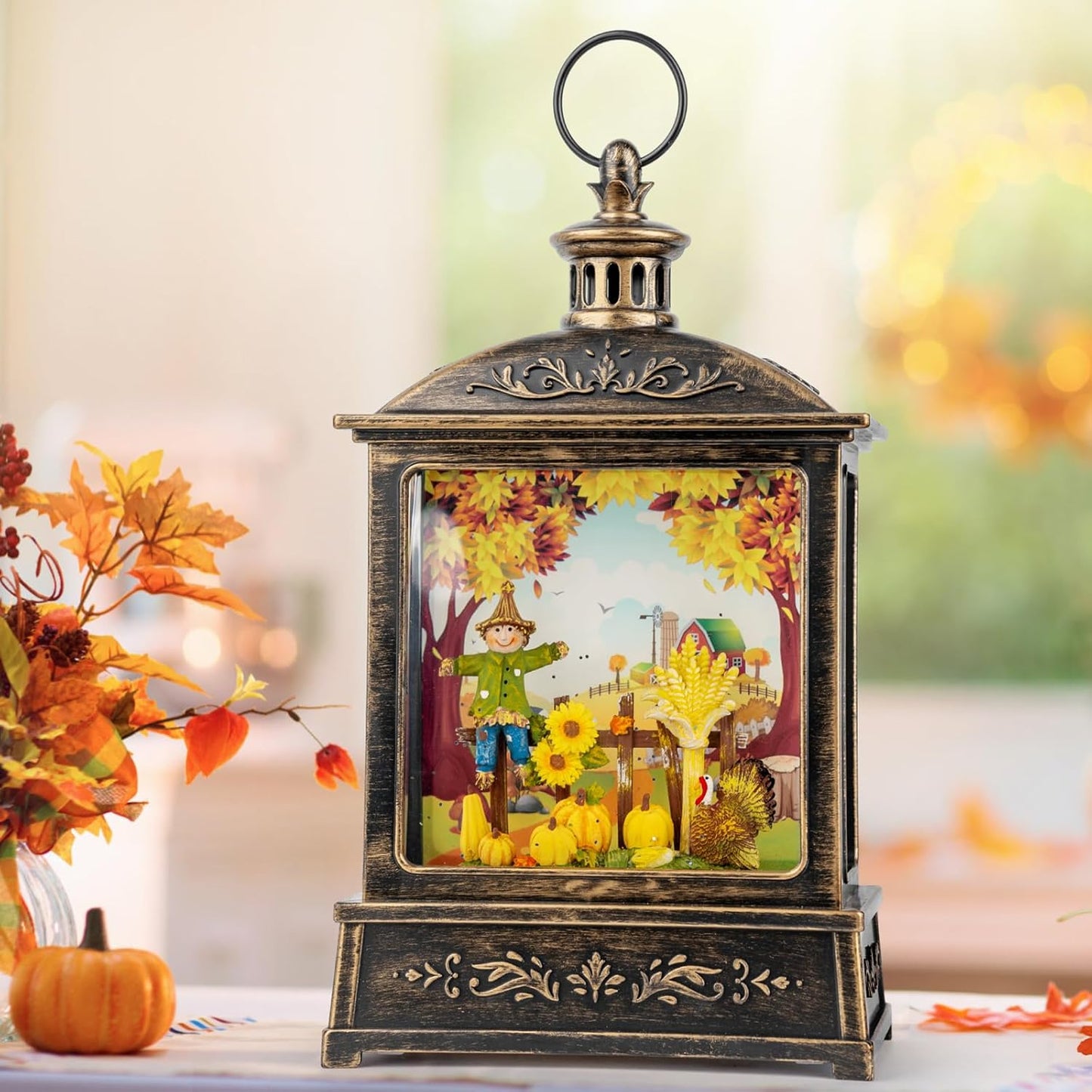 12.5'' Fall Snow Globe Lantern - Thanksgiving Glittering Lighted Lantern, Fall Decorations Autumn Harvest Day Gifts, Home Fall Halloween Decor (Scarecrow &Turkey)
