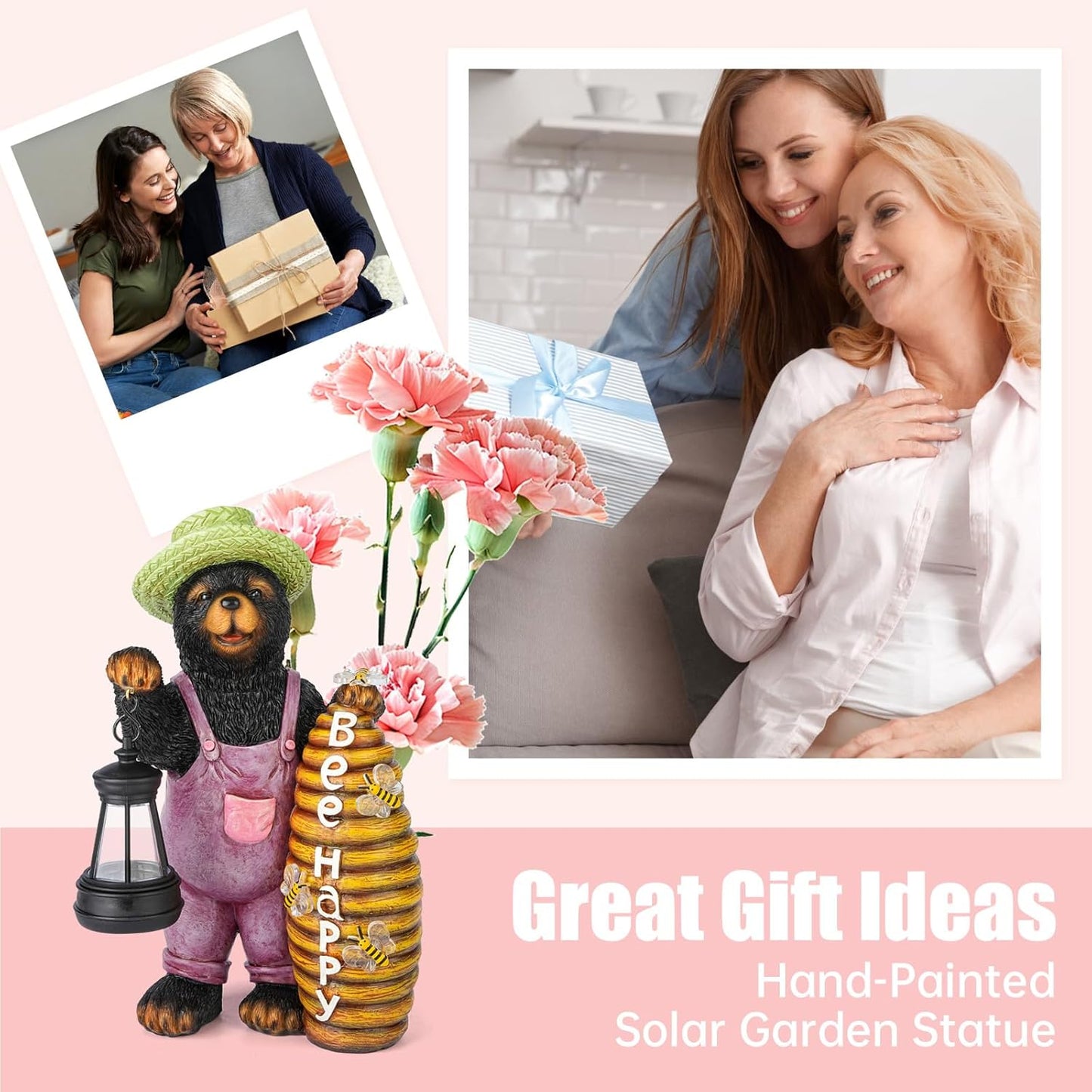 Solar Adorable Bear Garden Statue with Beehive and Lantern - “Bee Happy” Resin Outdoor Decoration for Yard, Patio, or Home Decor